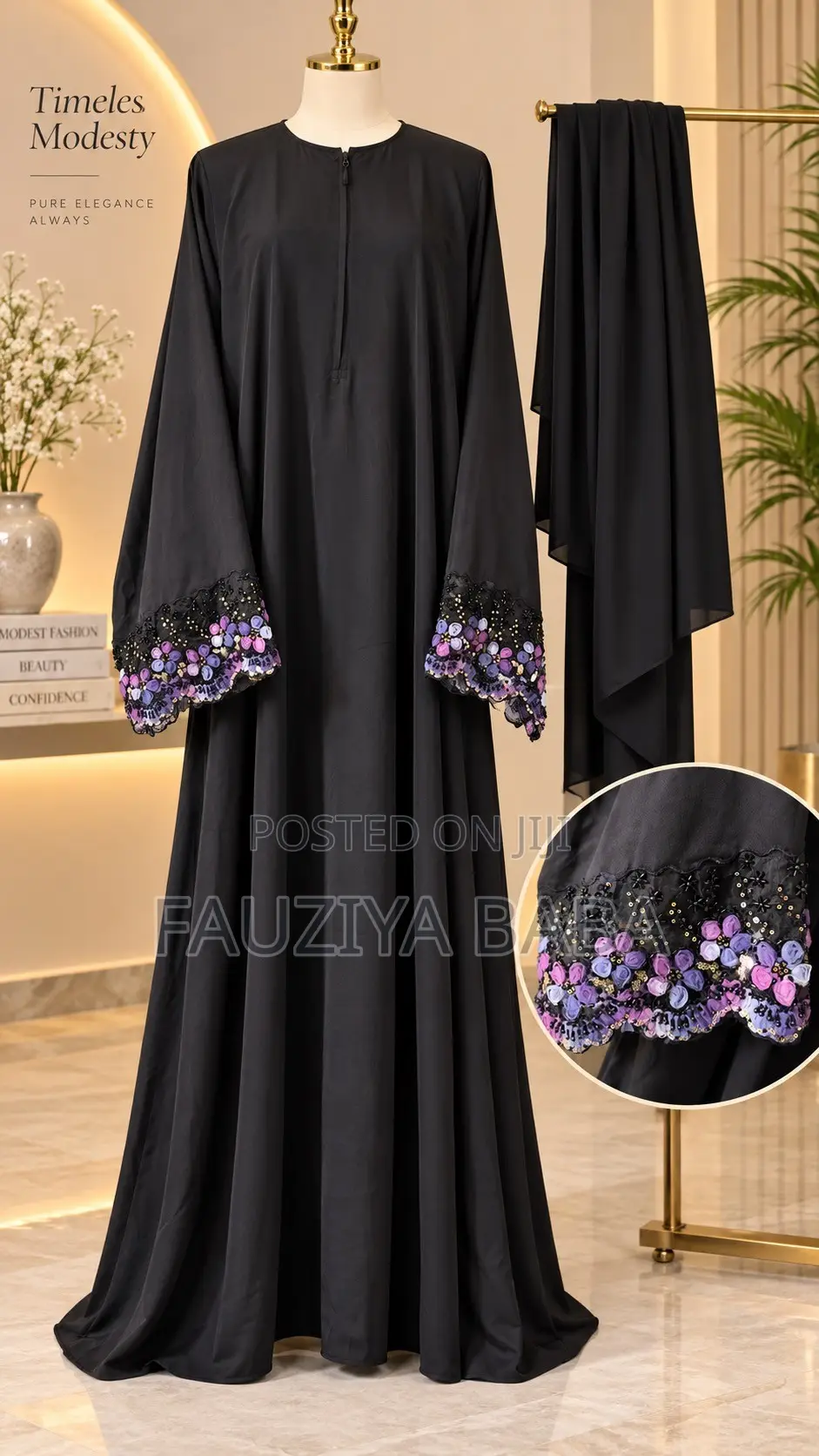 Black Abaya With Sleeve Appliqué | Modest Wear