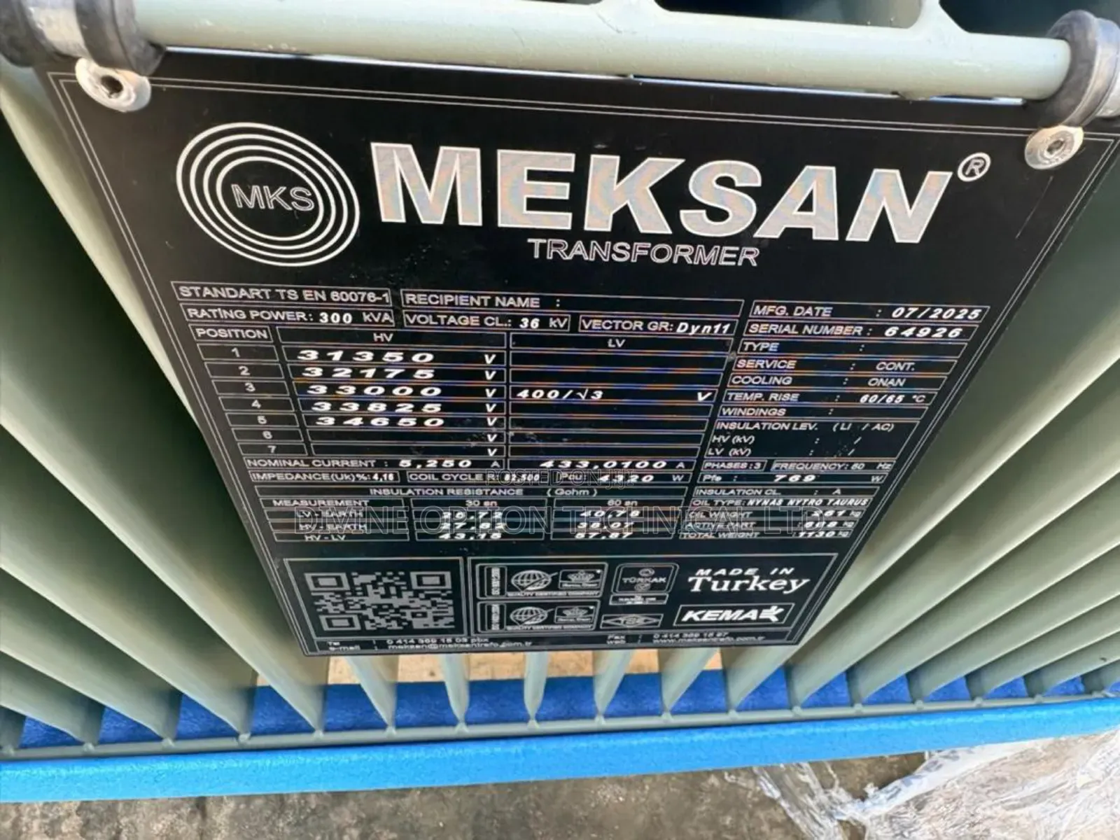 300kva/ 33kv/400volt Meksan Transformer