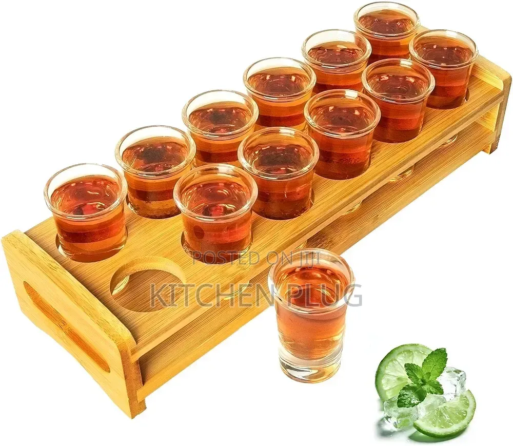 12-Hole Wooden Shot Glass Holder /Organizer Rack With Shot Glasses