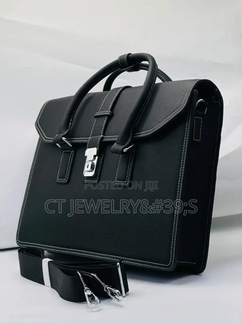 HERMES Leather Executive Briefcase Central Silver-Tone Locking Clasp