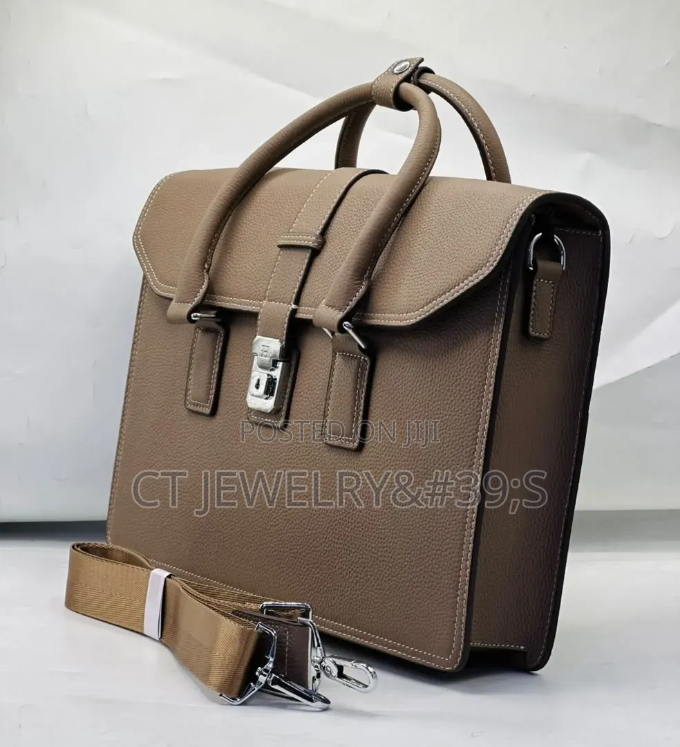 HERMES Leather Executive Briefcase Central Silver-Tone Locking Clasp