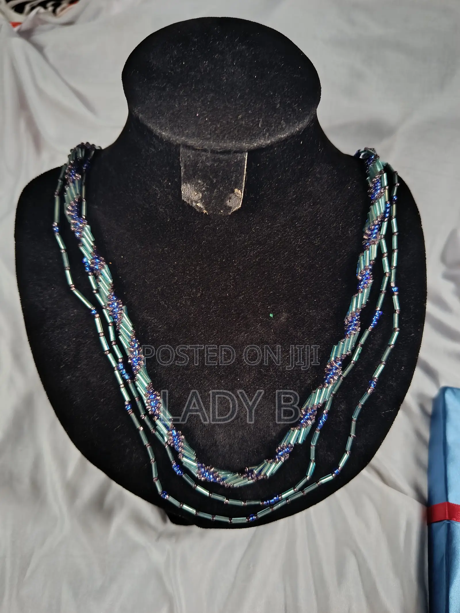 Multi-Strand Blue and Teal Bugle Bead Statement Necklace