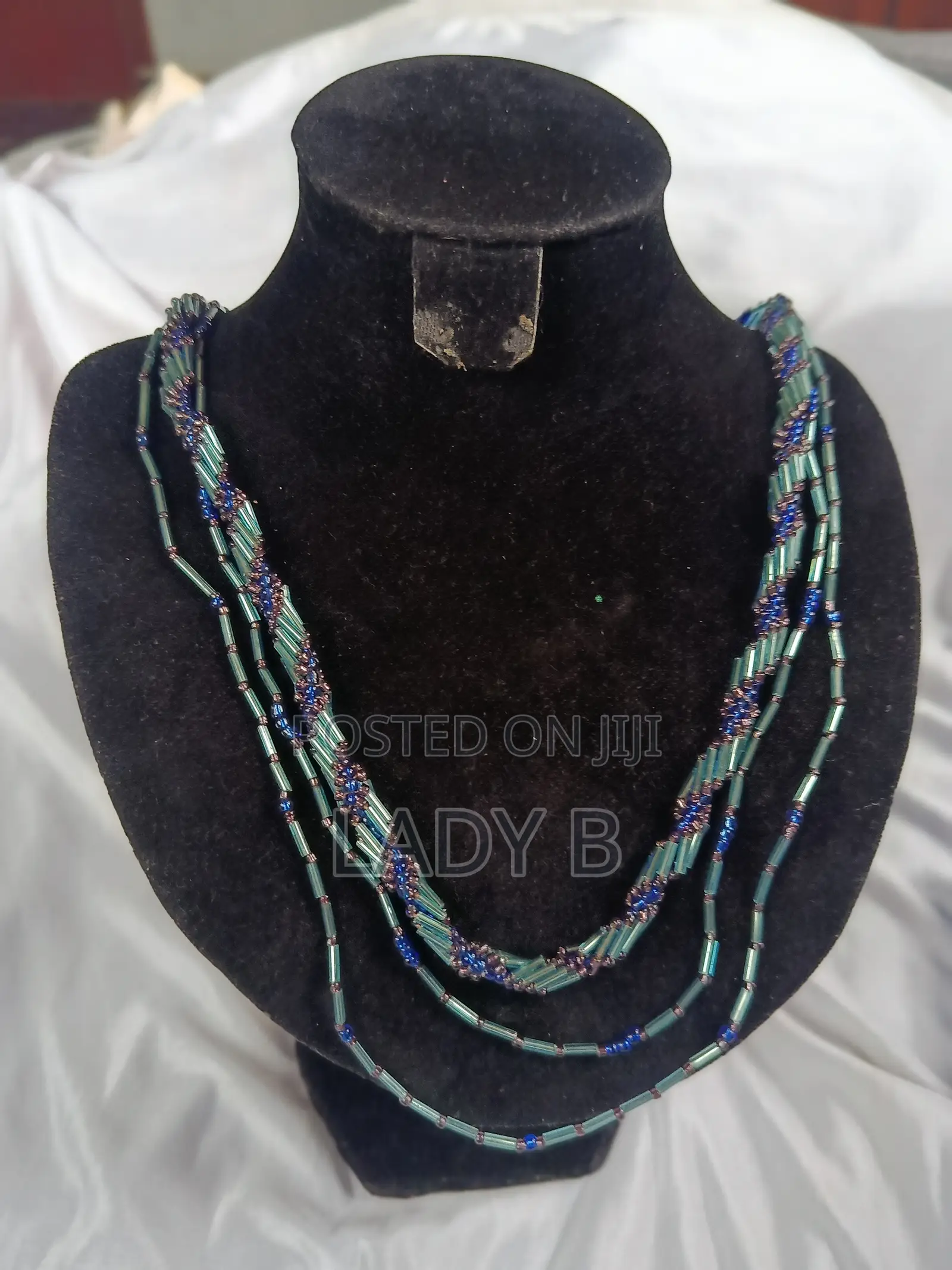 Multi-Strand Blue and Teal Bugle Bead Statement Necklace