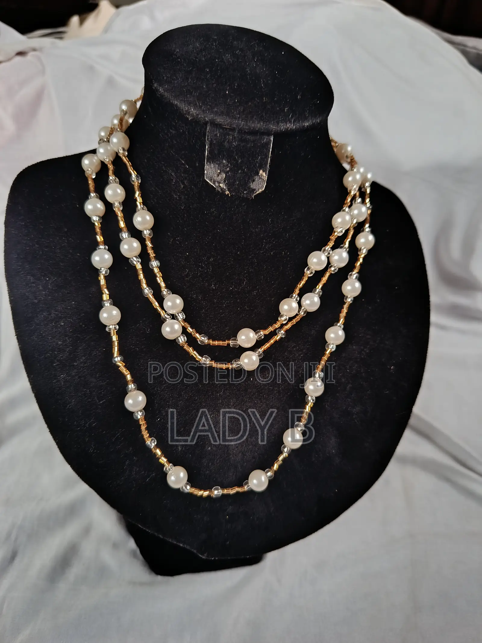 Elegant Long Pearl and Gold Seed Bead Station Necklace