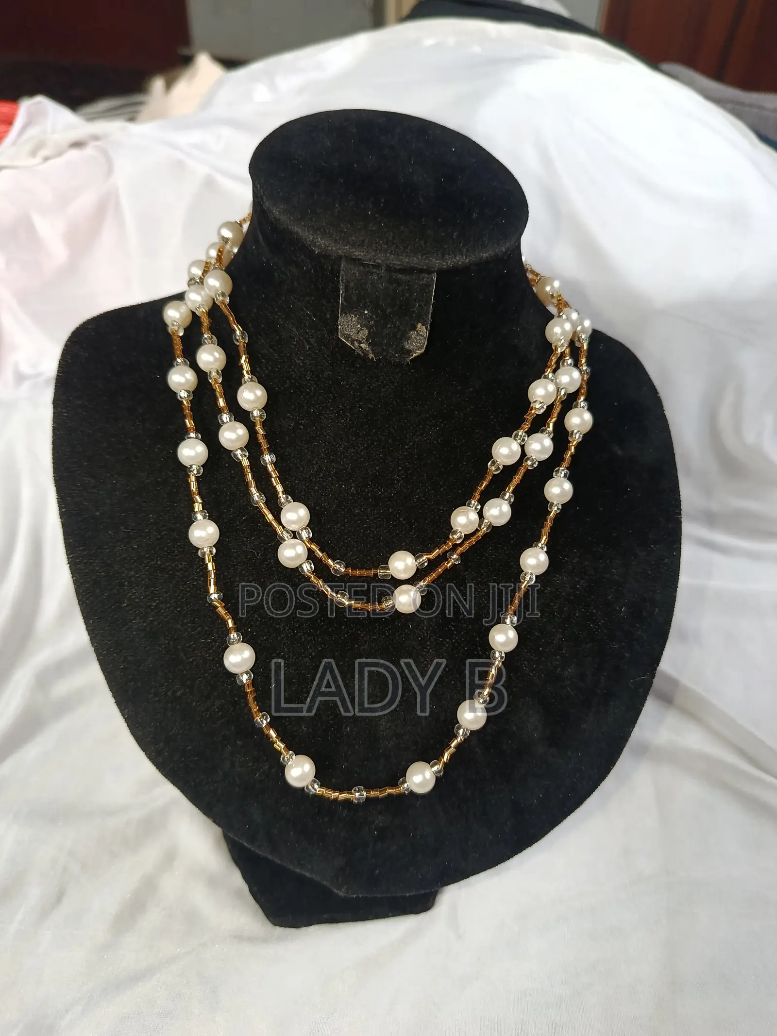 Elegant Long Pearl and Gold Seed Bead Station Necklace