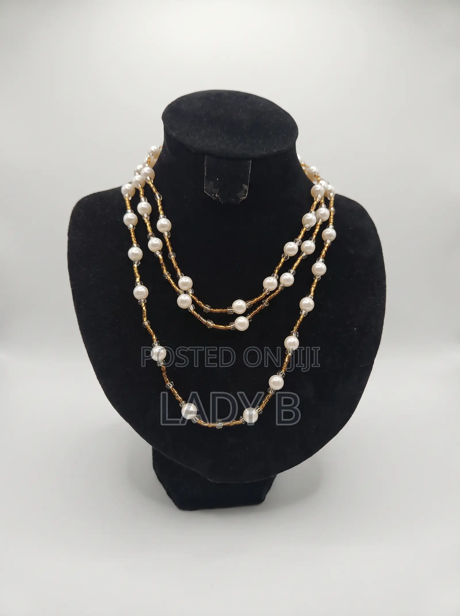 Elegant Long Pearl and Gold Seed Bead Station Necklace