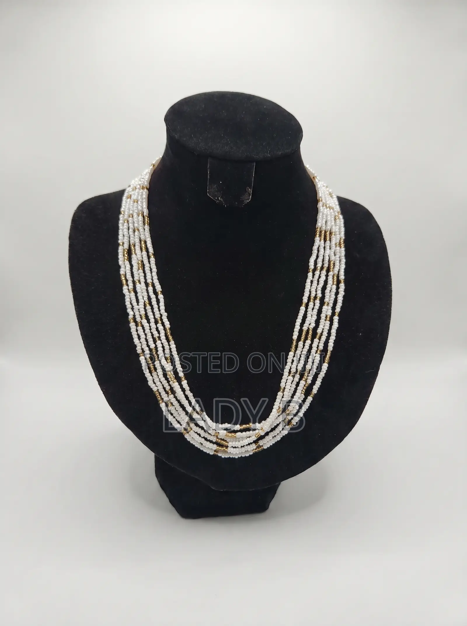 Long-Stranded Multi Layers White and Gold Seed Bead Statement Necklace