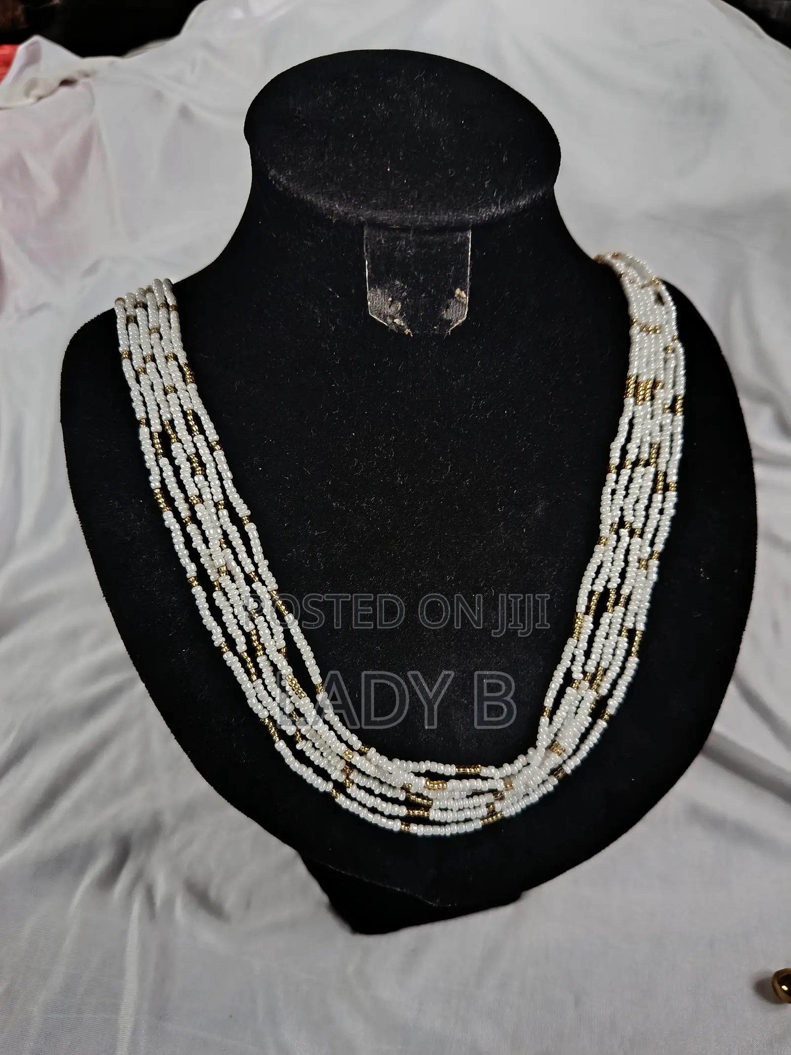 Long-Stranded Multi Layers White and Gold Seed Bead Statement Necklace