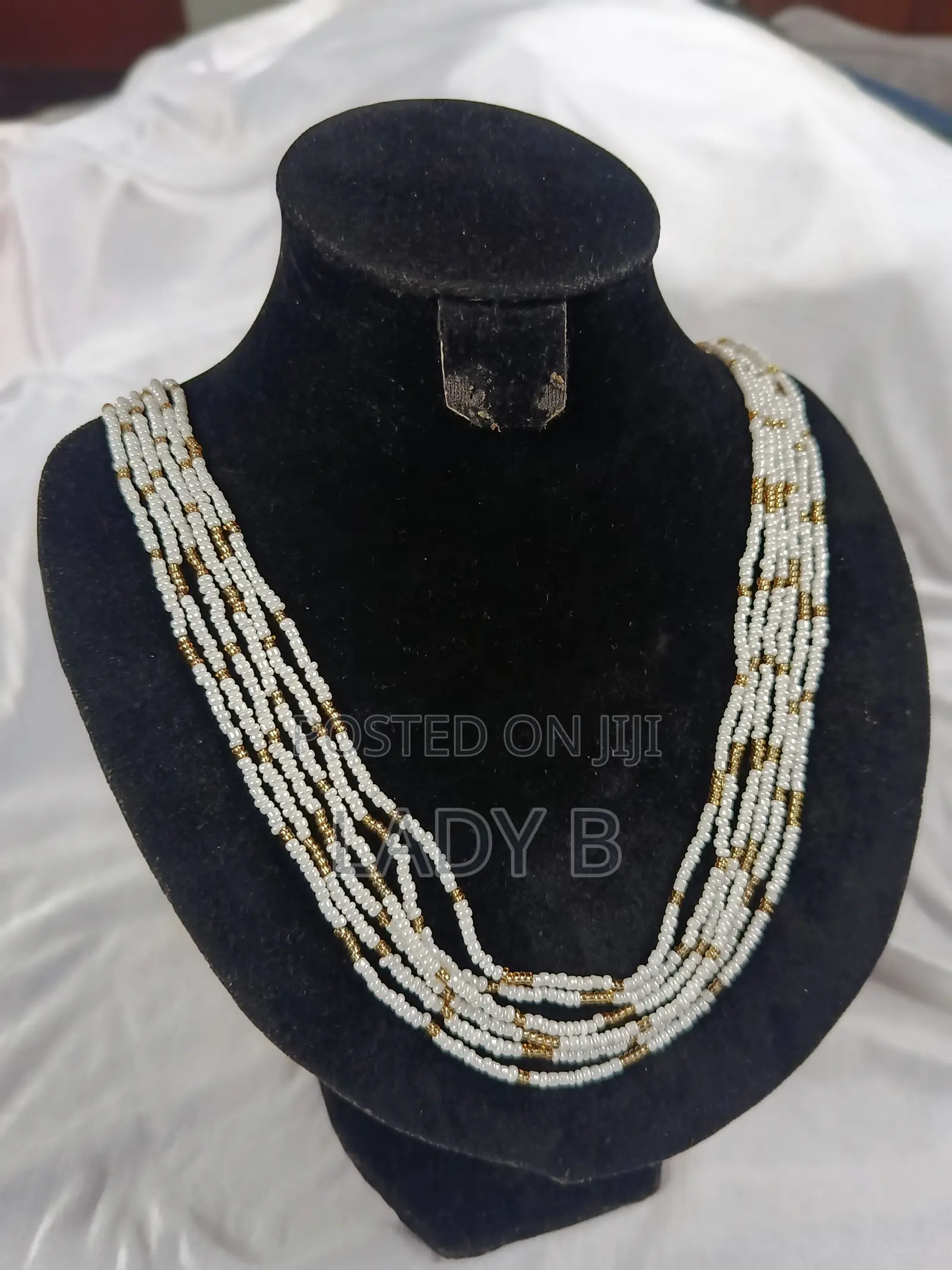 Long-Stranded Multi Layers White and Gold Seed Bead Statement Necklace
