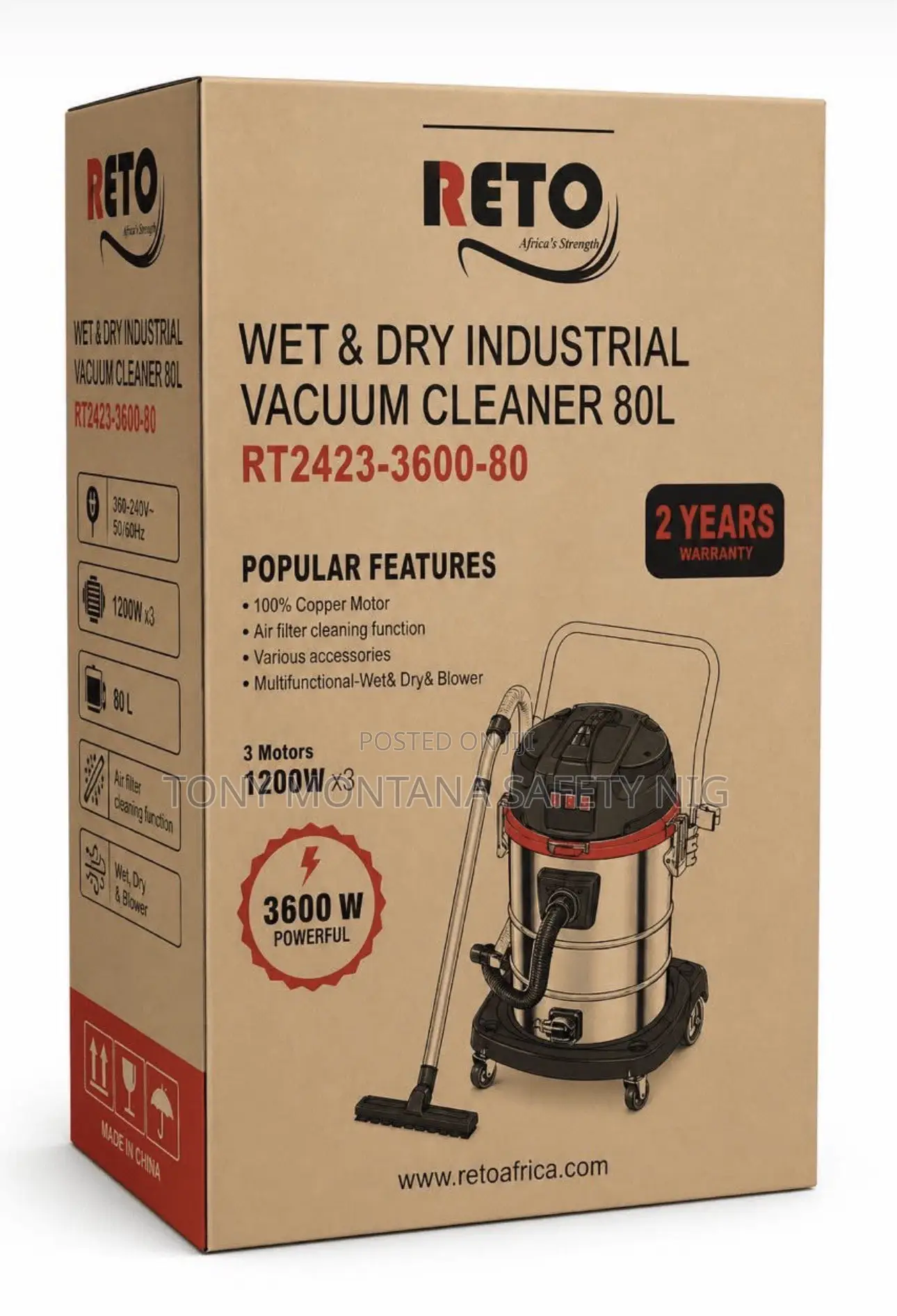 RETO RT2423 Wet Dry Industrial Vacuum Cleaner - 80L 3600W
