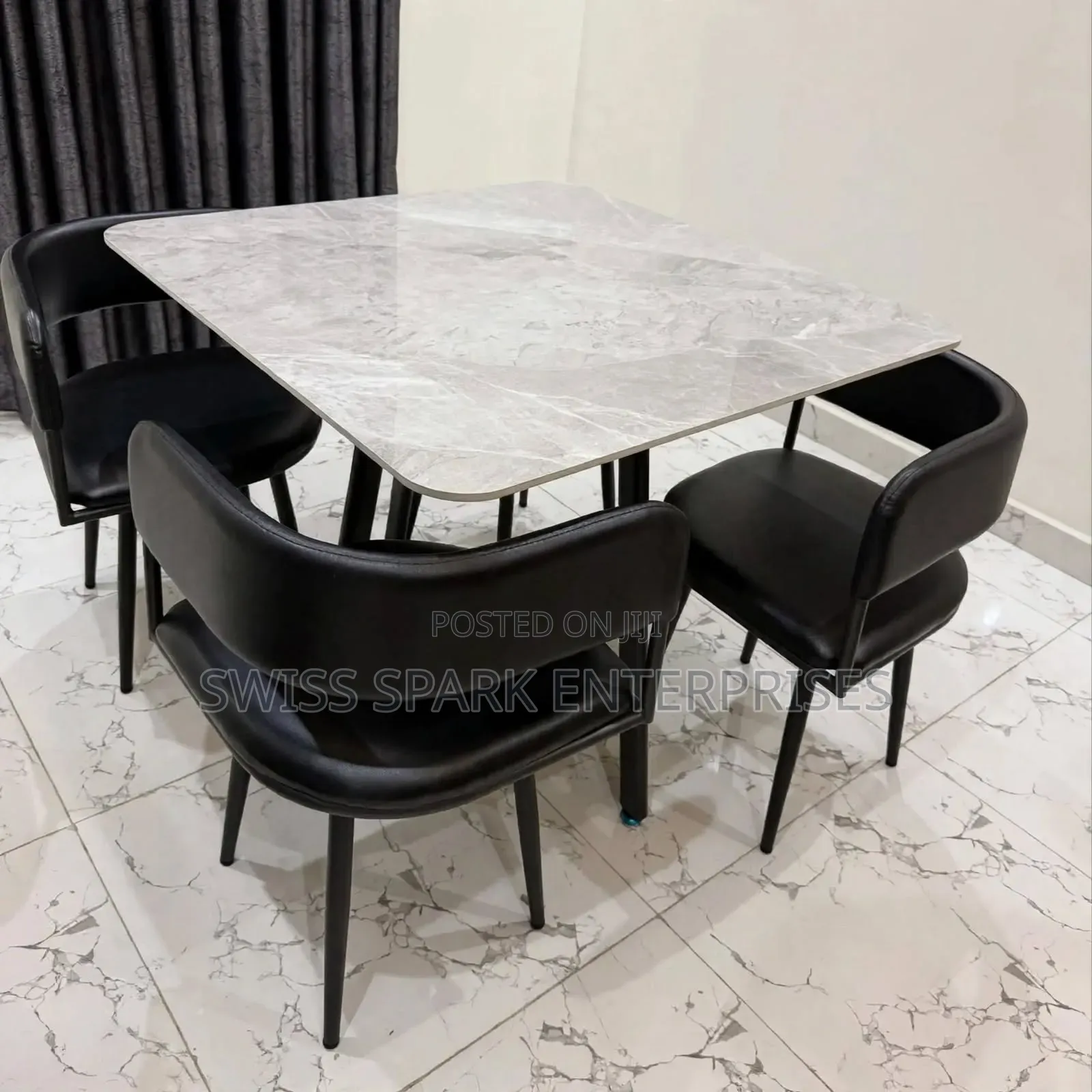 Luxury 3-Seater Marble Dining Set Square Table + Black Leather Chairs