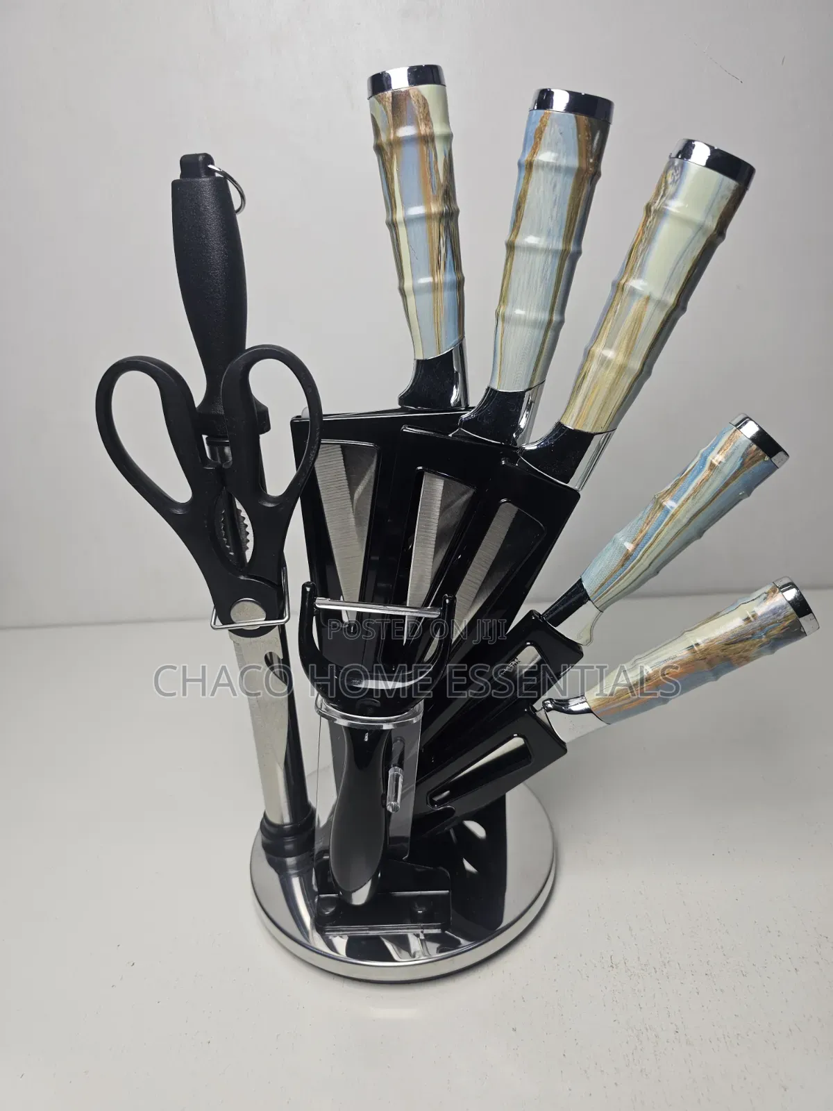 Marbled Handle Kitchen Knife Set With Acrylic Stand Peeler
