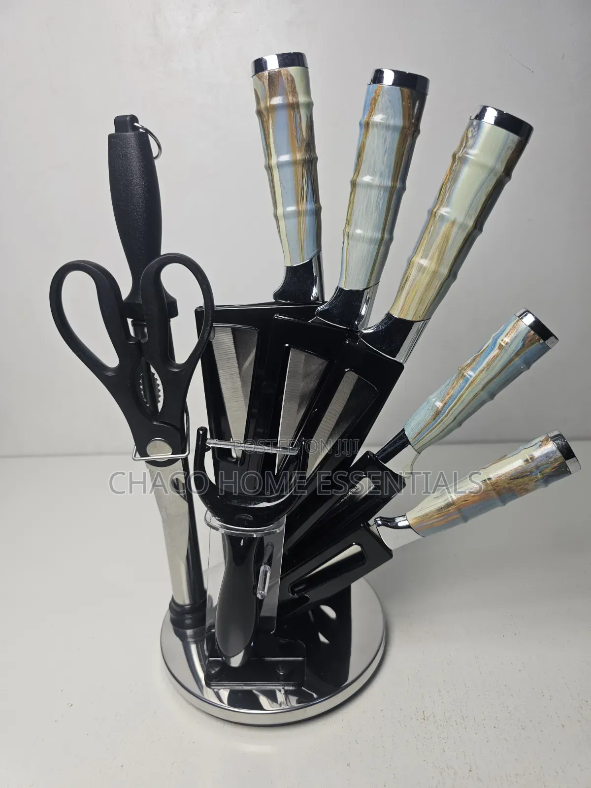 Marbled Handle Kitchen Knife Set With Acrylic Stand Peeler