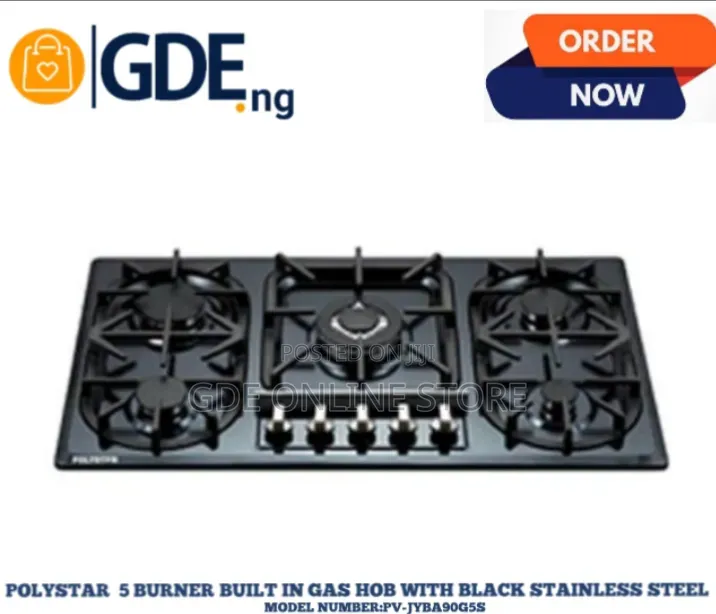 Polystar 5 Butrner Inbuilt Gas Hob With Black Stainless Steel