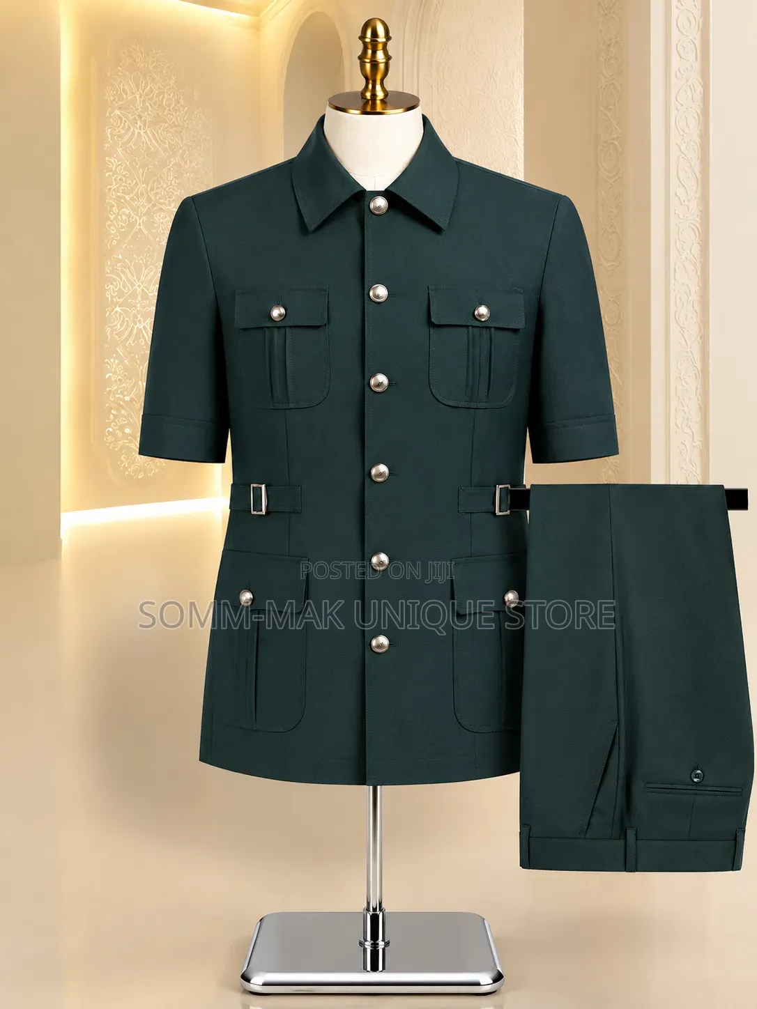 2 in 1 Bishop Neck Short Sleeve Safari Suit - Black