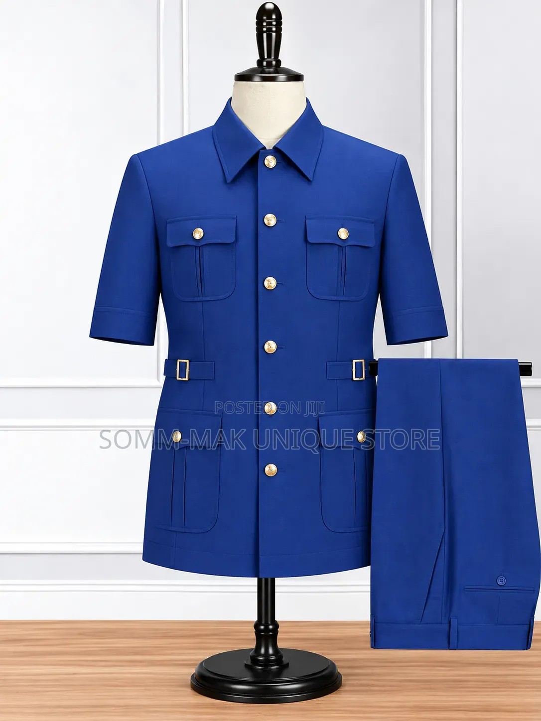 2 in 1 Bishop Neck Short Sleeve Safari Suit - Black