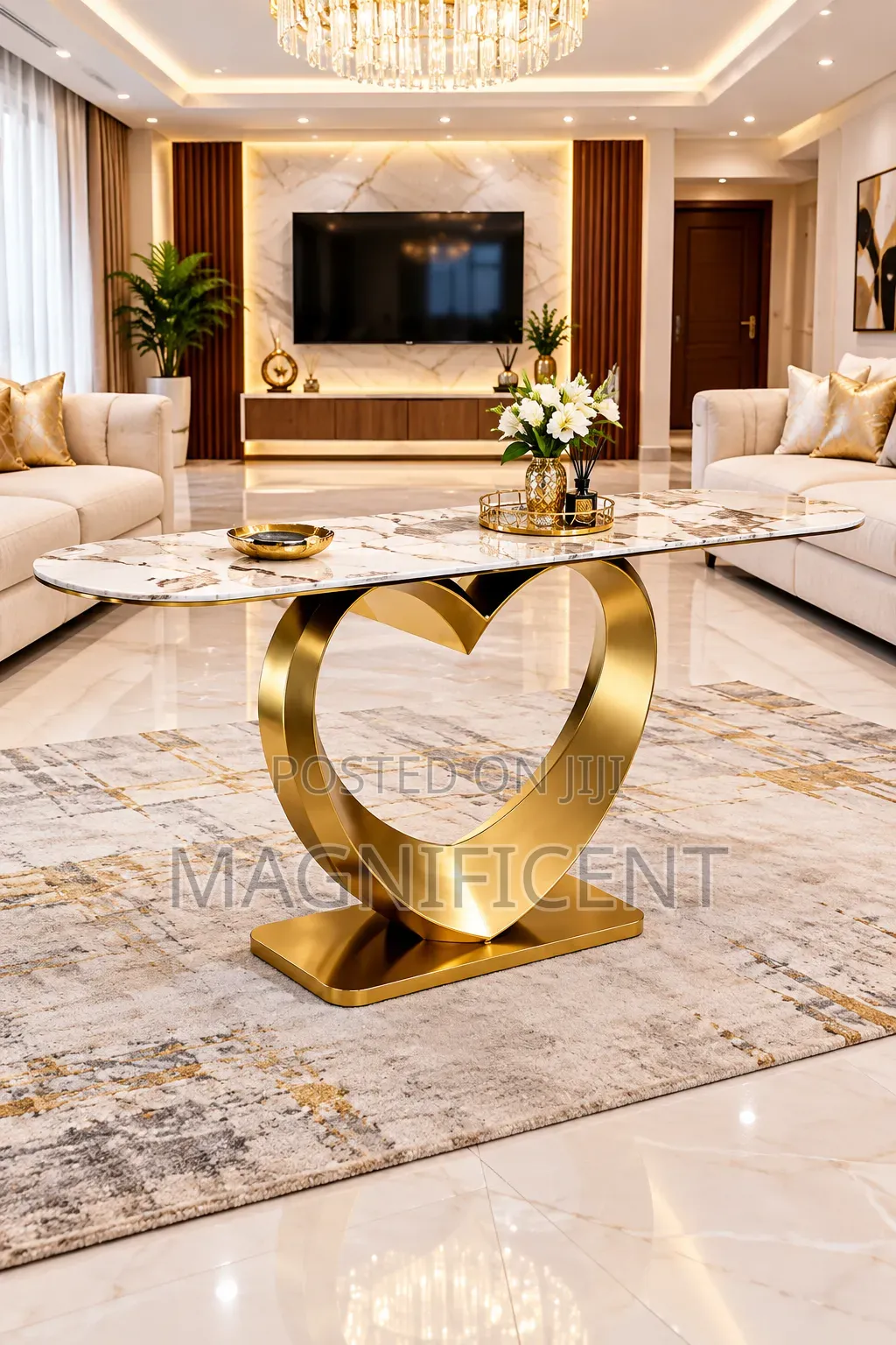 Premium Luxury Heart Design Console Table – Modern Marble Top Gold Ba