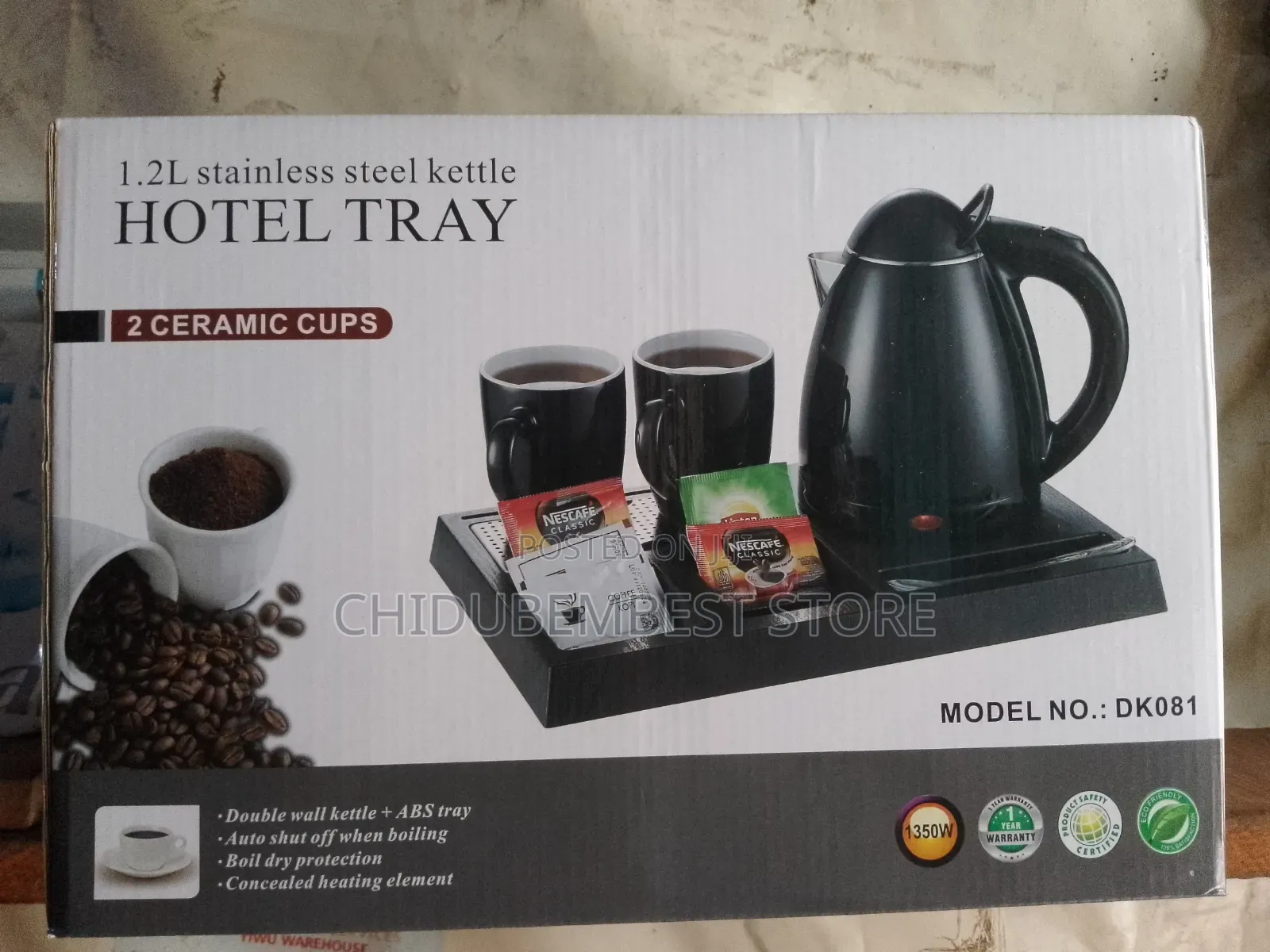 Hotel Tray With 2 Mugs and 1 Kettle