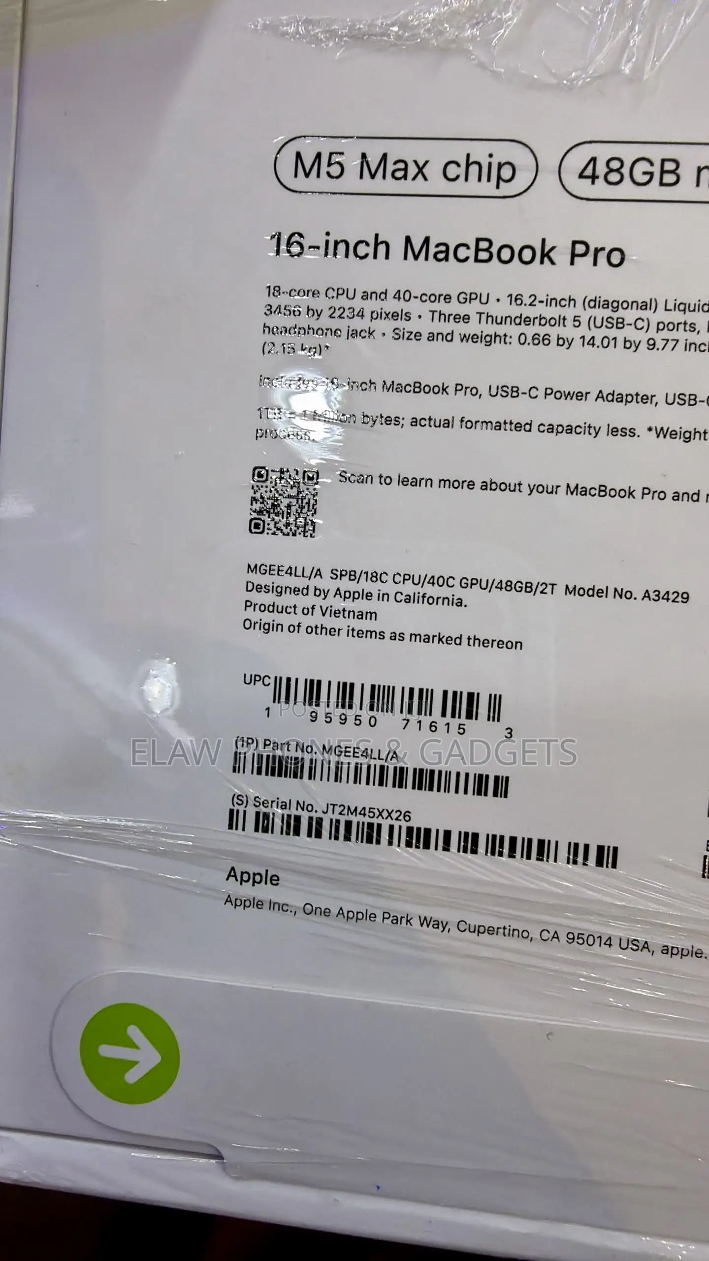 New Laptop Apple MacBook Pro 2026 M5 Max 48GB Apple M5 Max SSD 2T