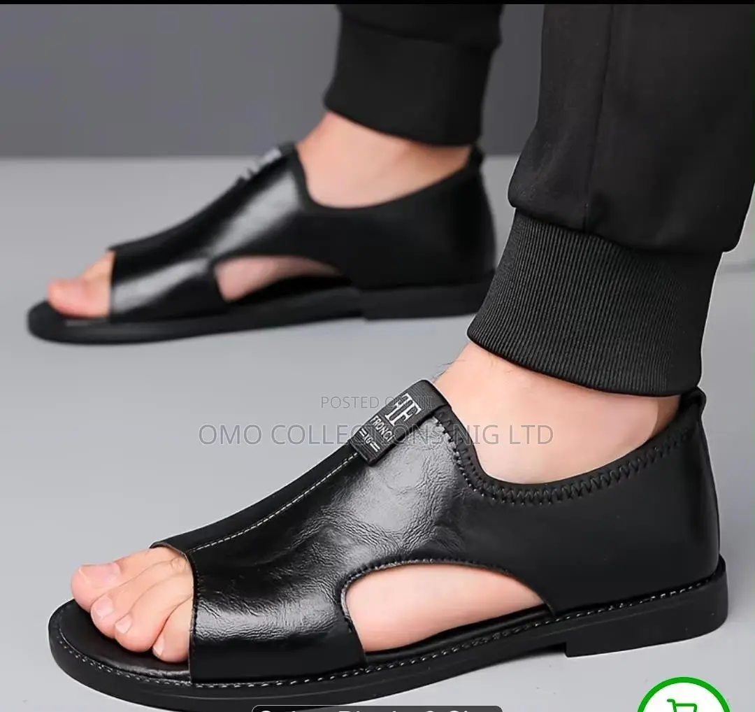 Luxury FRONCI Men’s Black Leather Open-Toe Sandals – Premium Elegant