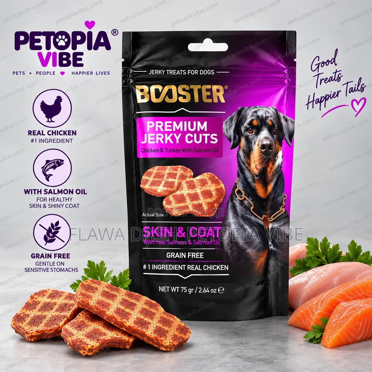 BOOSTER Premium Jerky Cuts – Skin Coat Grain Free 75g Dog Treats