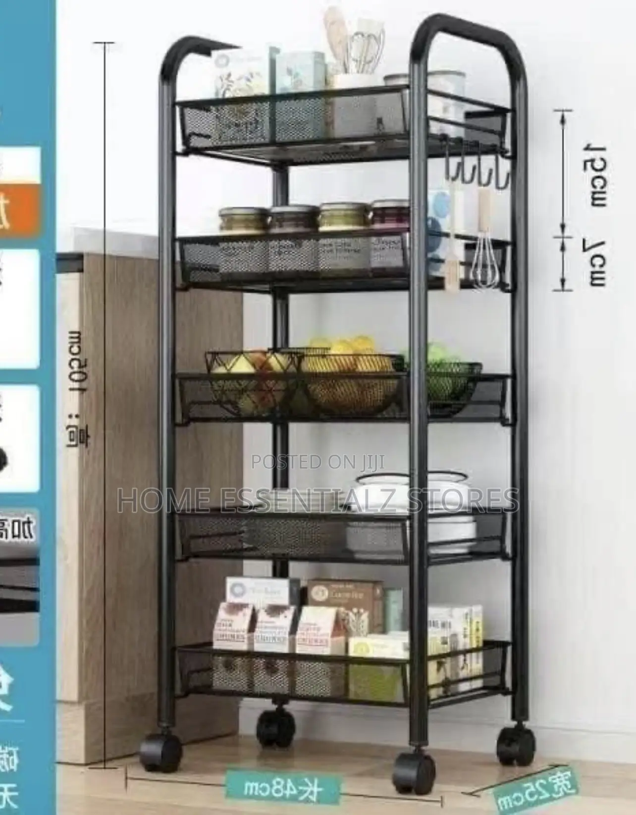 5-Tier Black Metal Rolling Kitchen Storage Rack With Wheels and Hooks