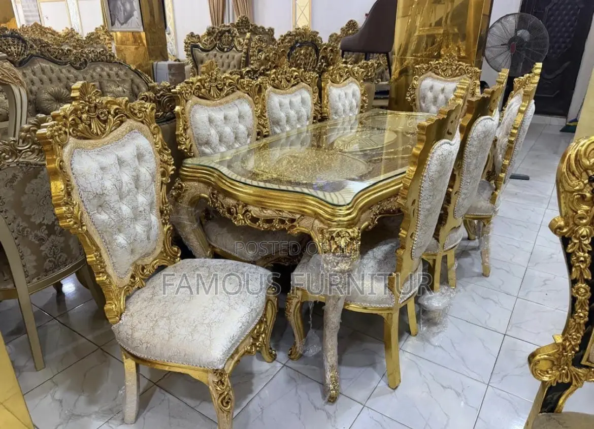 Luxury 8-Seater Royal Dining Set With an Ornate Gold-Carved Wooden