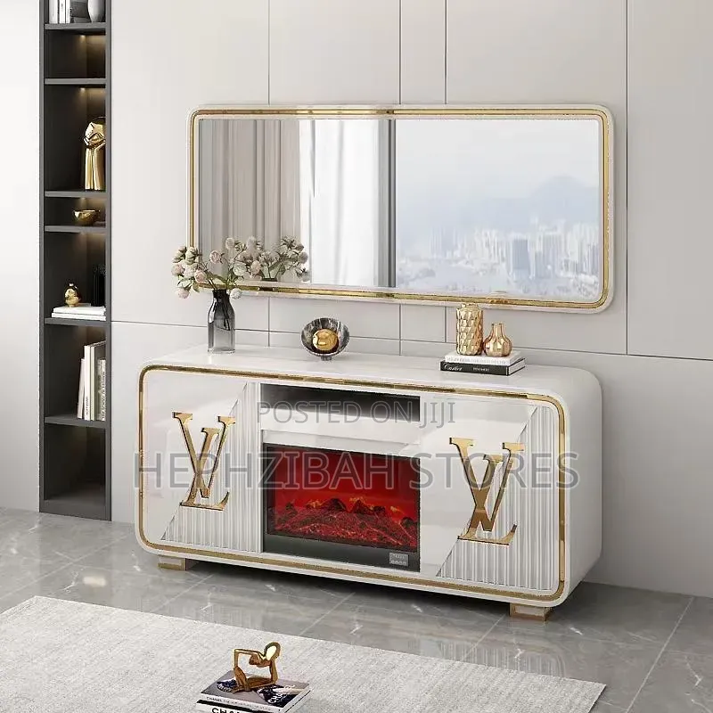 White and Gold Aesthetic TV Stand With Fire Place