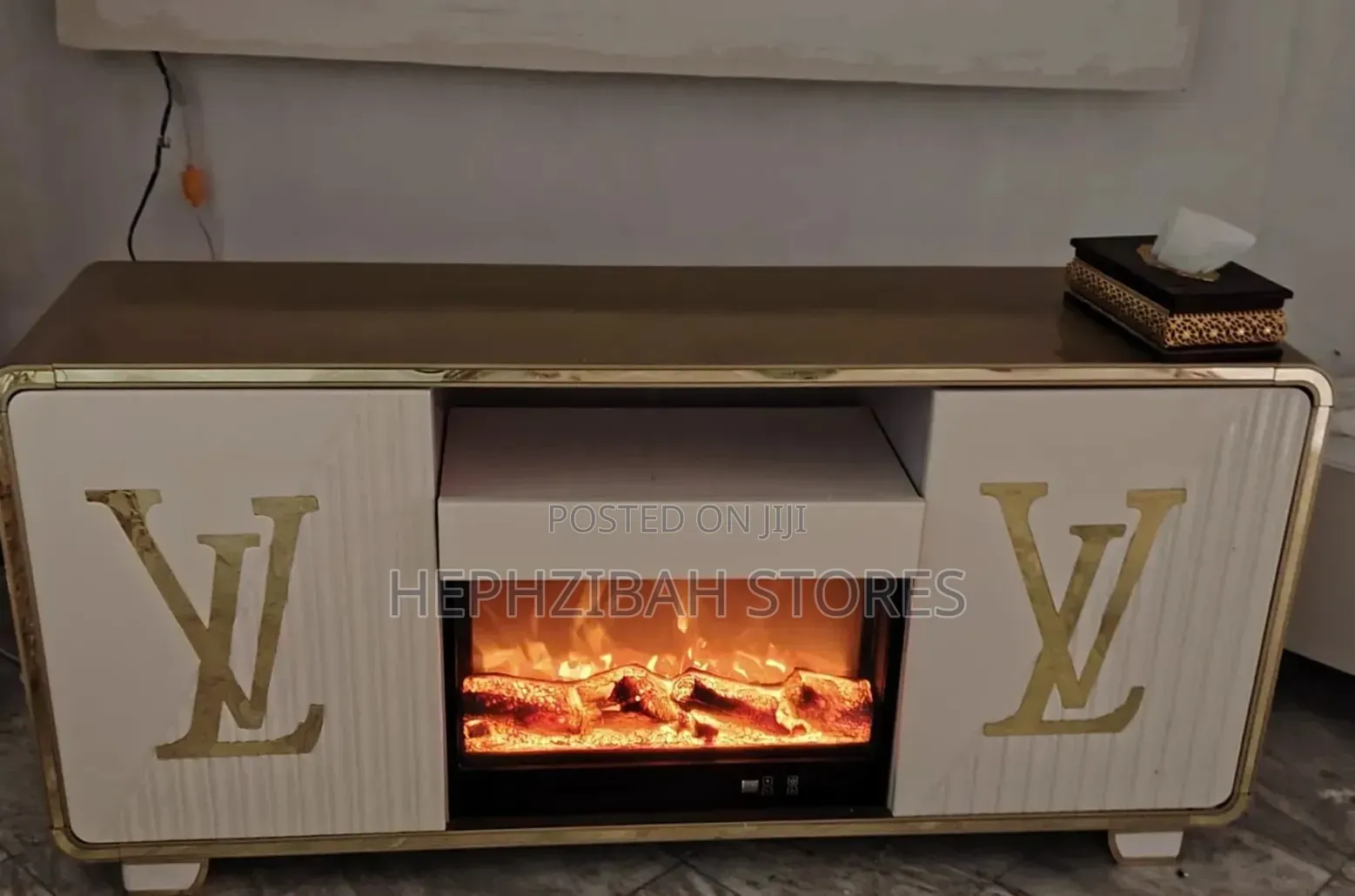 White and Gold Aesthetic TV Stand With Fire Place