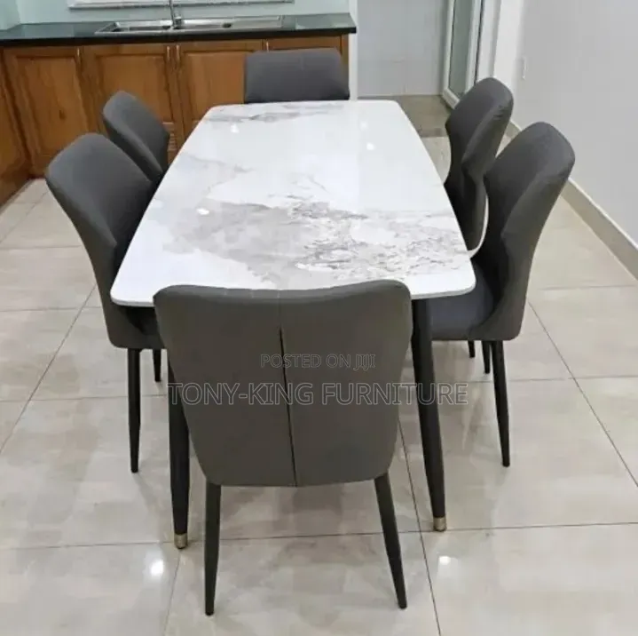 Modern 6-Seater Dining Set Featuring a Grey Marble-Finish Tabletop