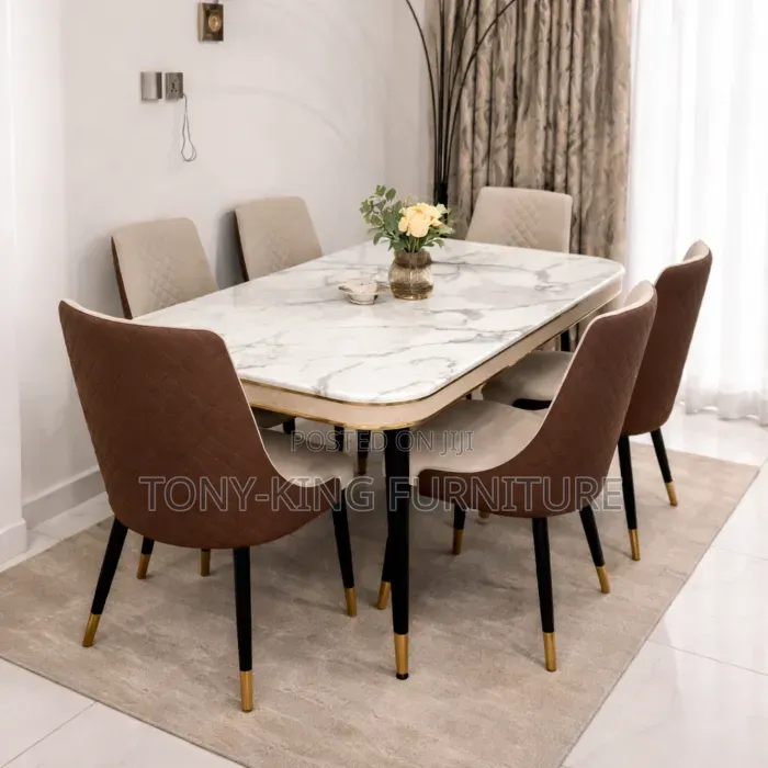 Luxury Modern 6-Seater Dining Set a White Marble-Effect Top Paired