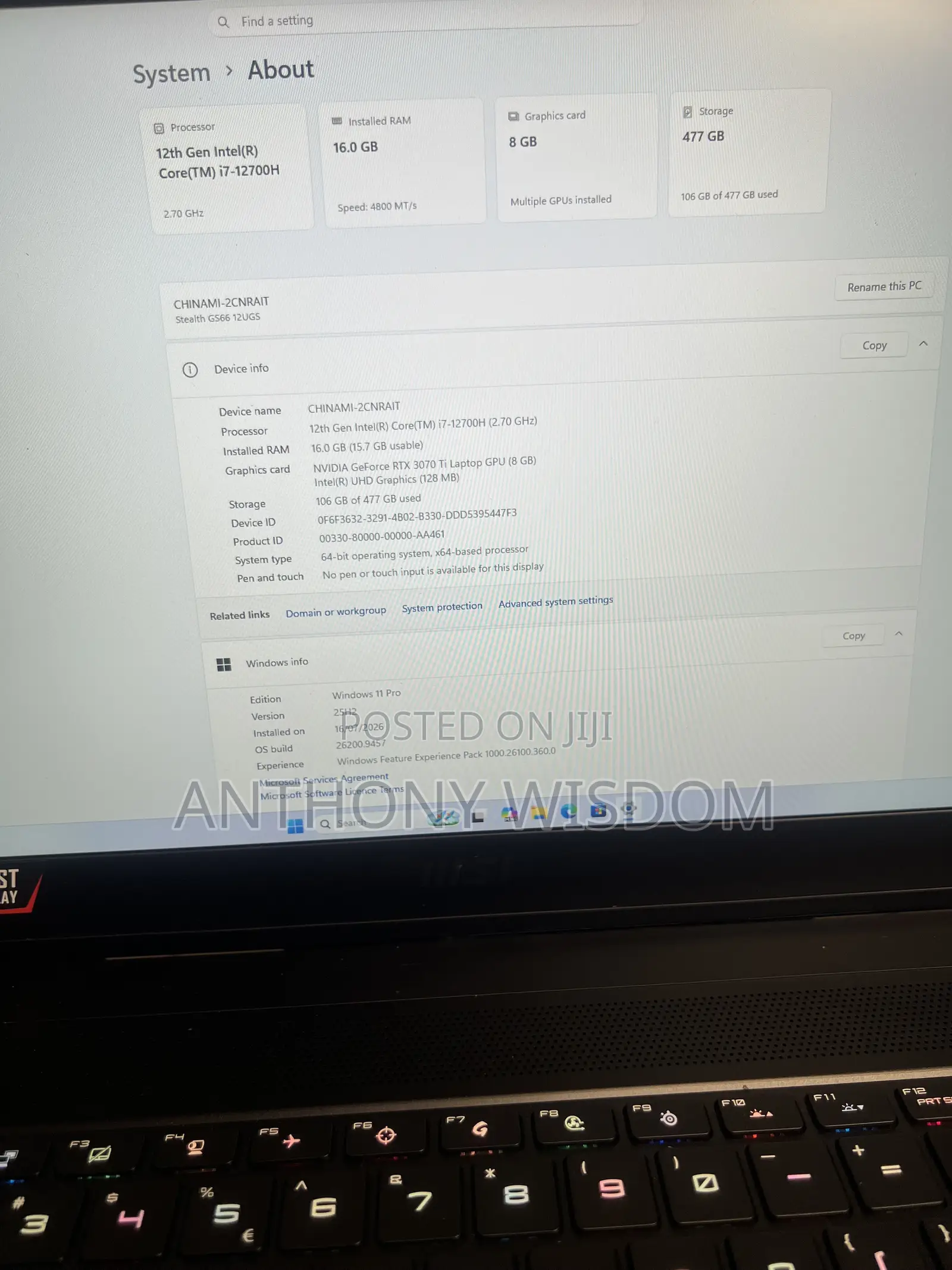 Laptop MSI Stealth GS77 16GB Intel Core i7 SSD 512GB