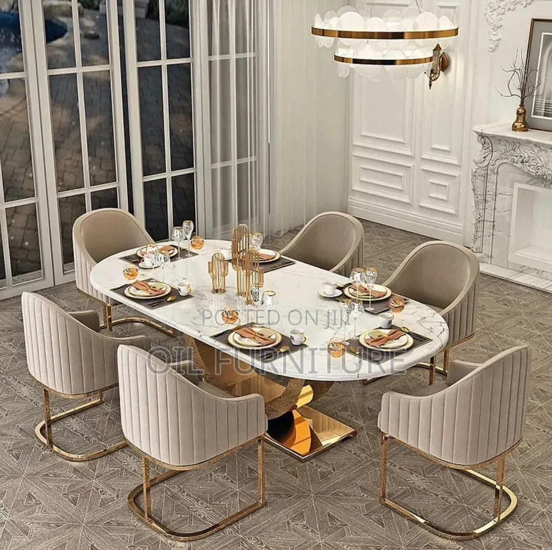 Luxury 6-Seater Marble Dining Table Set With Gold Stainless Steel Base