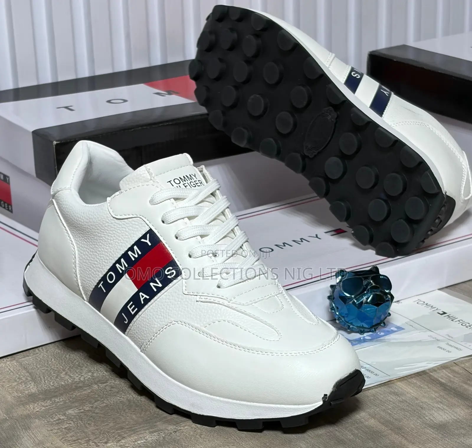Tommy Hilfiger Men’s Leather Sneakers–Red, White Blue Branding