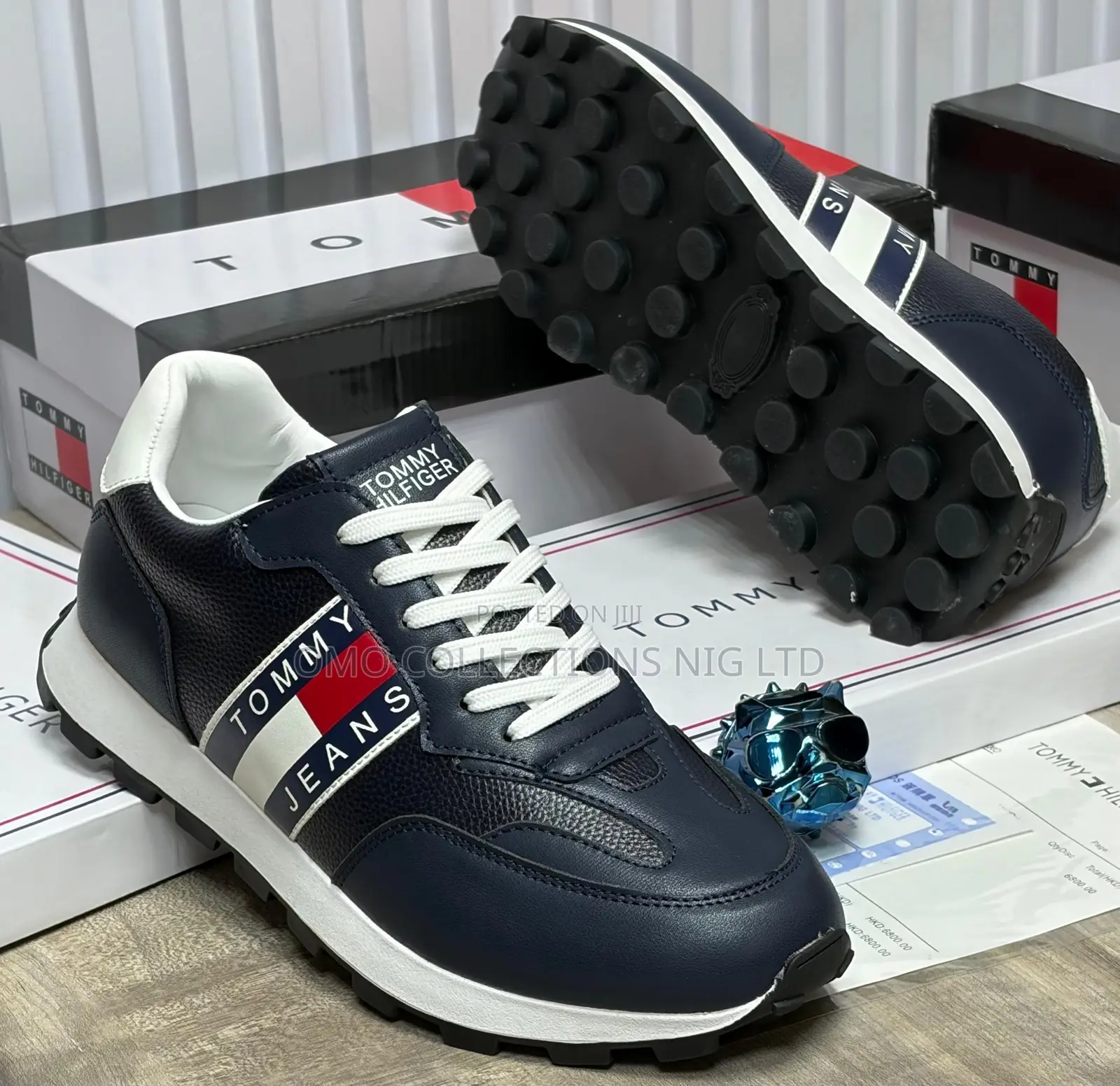 Tommy Hilfiger Men’s Leather Sneakers–Red, White Blue Branding