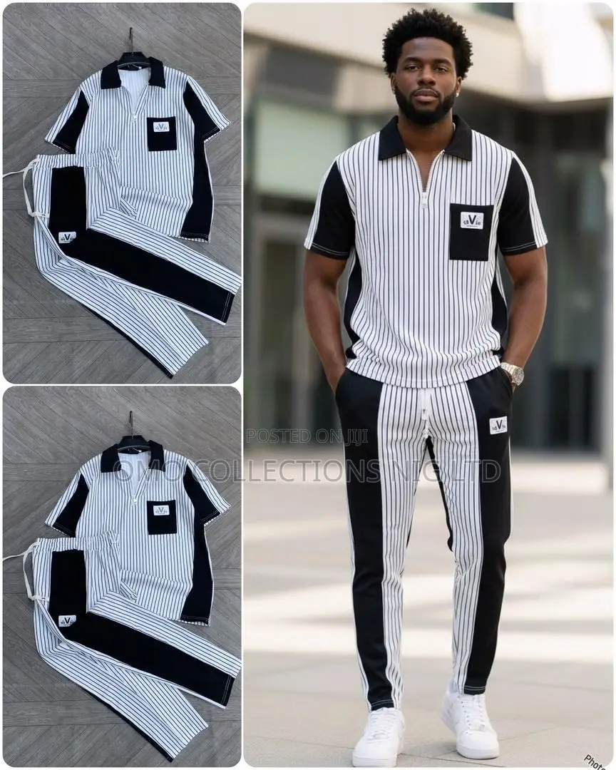Luxury Men’s 2-Piece Set–Black White Striped Polo Matching Trouser