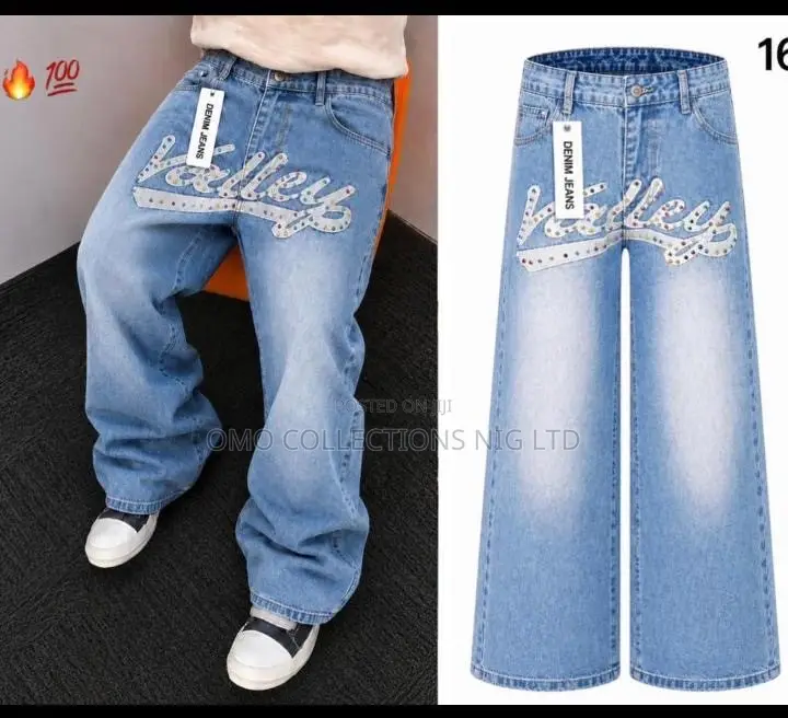 Luxury Men’s Valley Graphic Print Jeans – Premium Blue Baggy Fit Denim