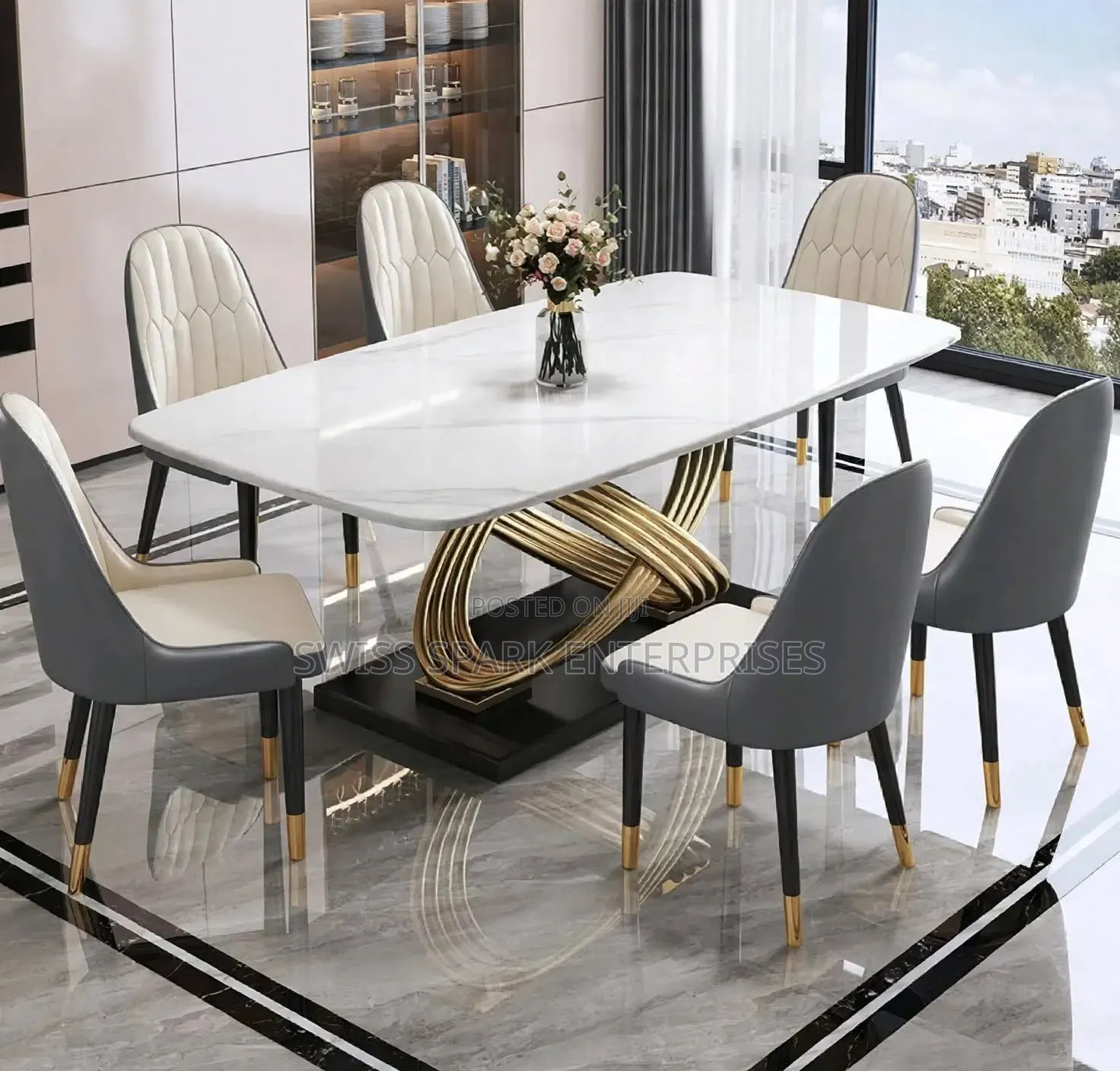 Luxury 6-Seater Marble Dining Table Set - Gold Base + 6 Chairs |