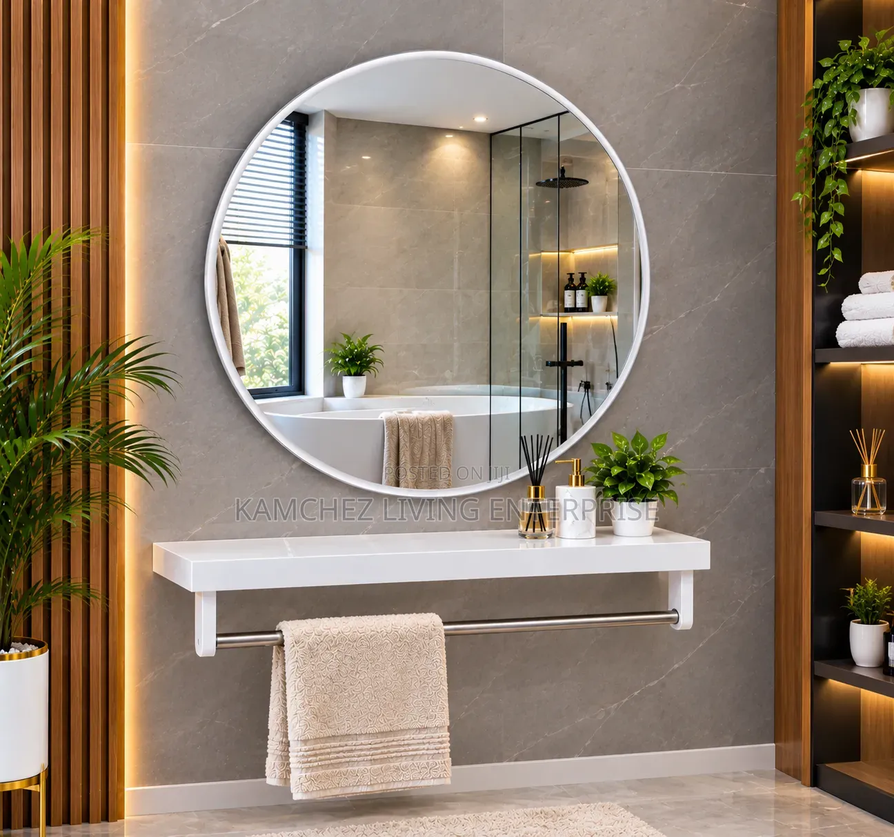 Modern Round Bathroom Mirror With Shelf