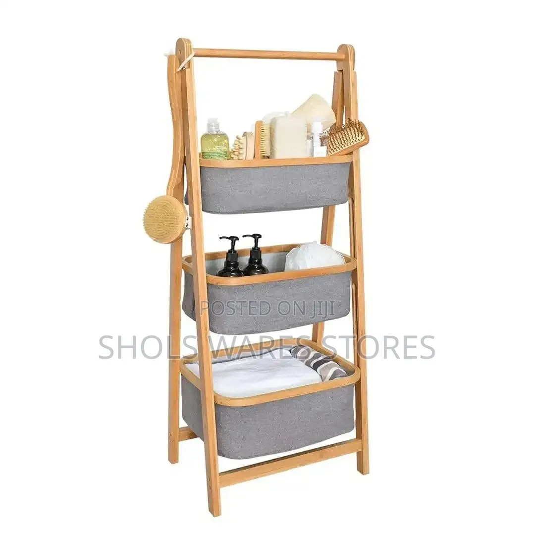 3-Tier Bamboo Ladder Storage Organizer With Removable Baskets