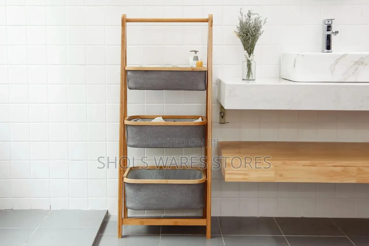 3-Tier Bamboo Ladder Storage Organizer With Removable Baskets