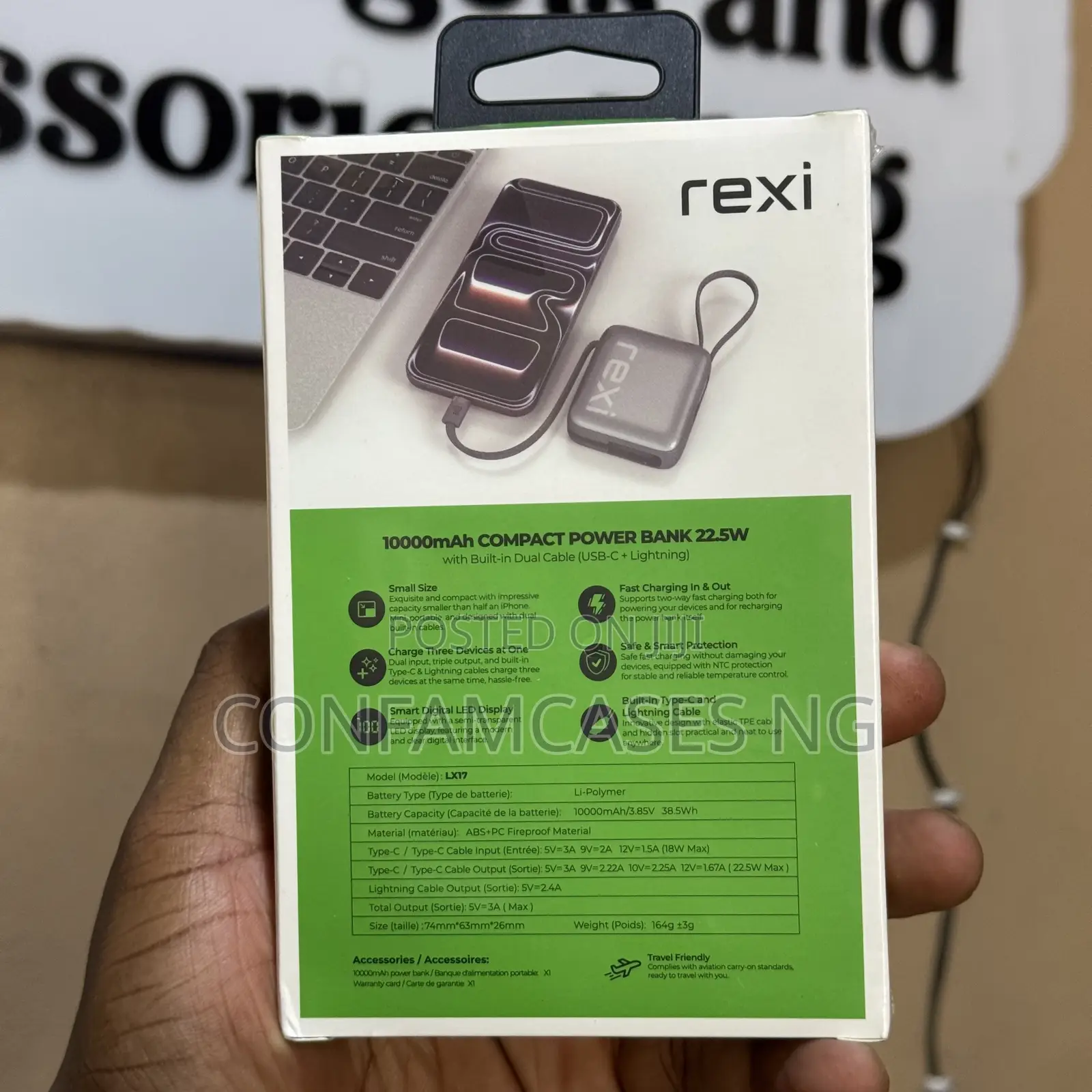Rexi LX17 10,000mAh 22.5W Fast Charging Power Bank With Inbuilt Cable