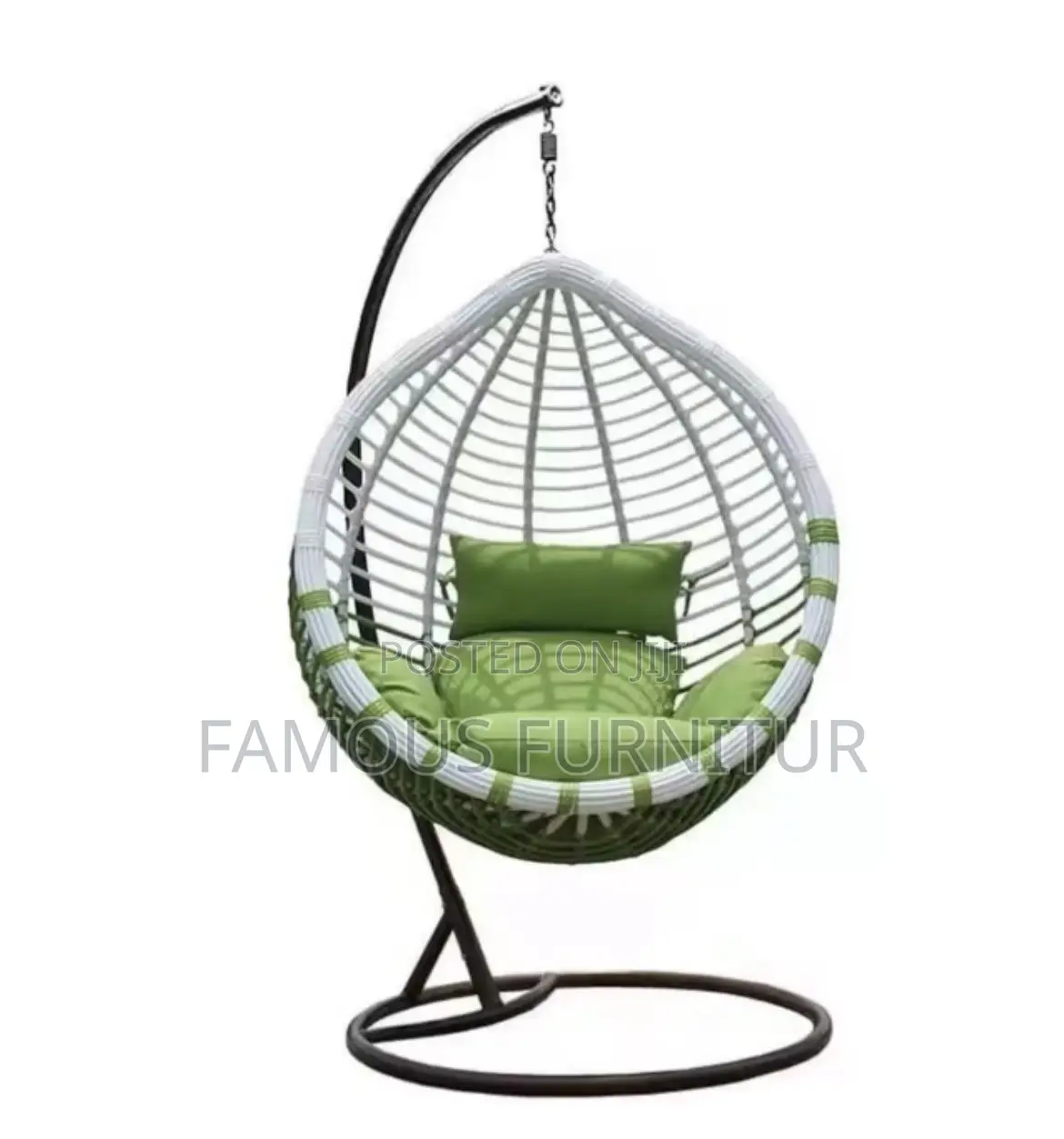 The Image Shows a Black Teardrop-Shaped Hanging Rattan Swing Chair