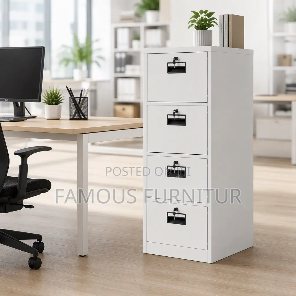 This Image Show a White, 4-Drawer Vertical Metal Office Filing Cabinet