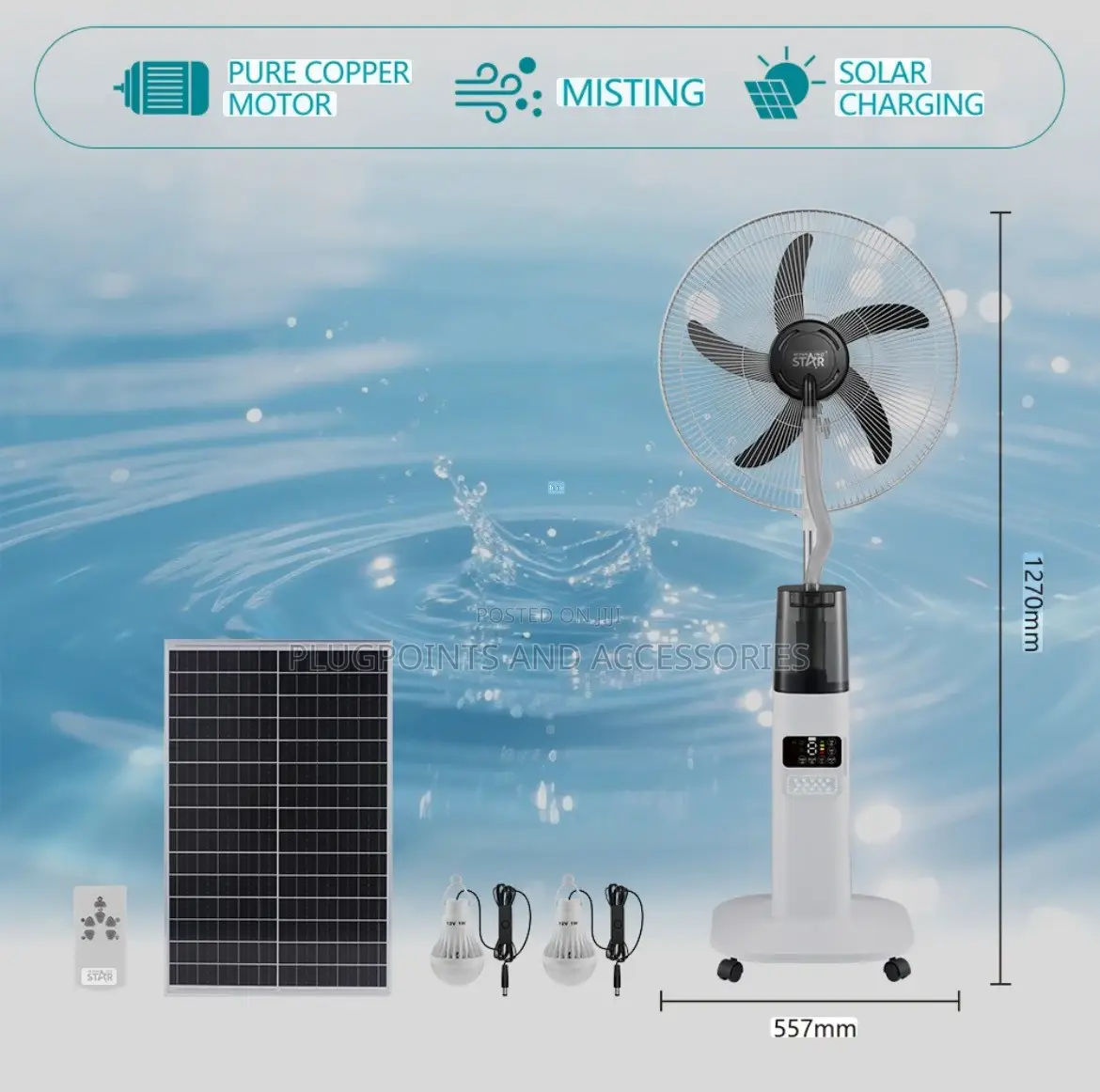 Winning Star Copper Motor Rechargeable Mist Fan Solar Panel/Bulbs 18”