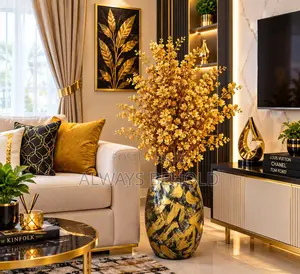 Gold Cherry Blossom Flowers and a Stripe Gold and Green Color Vase