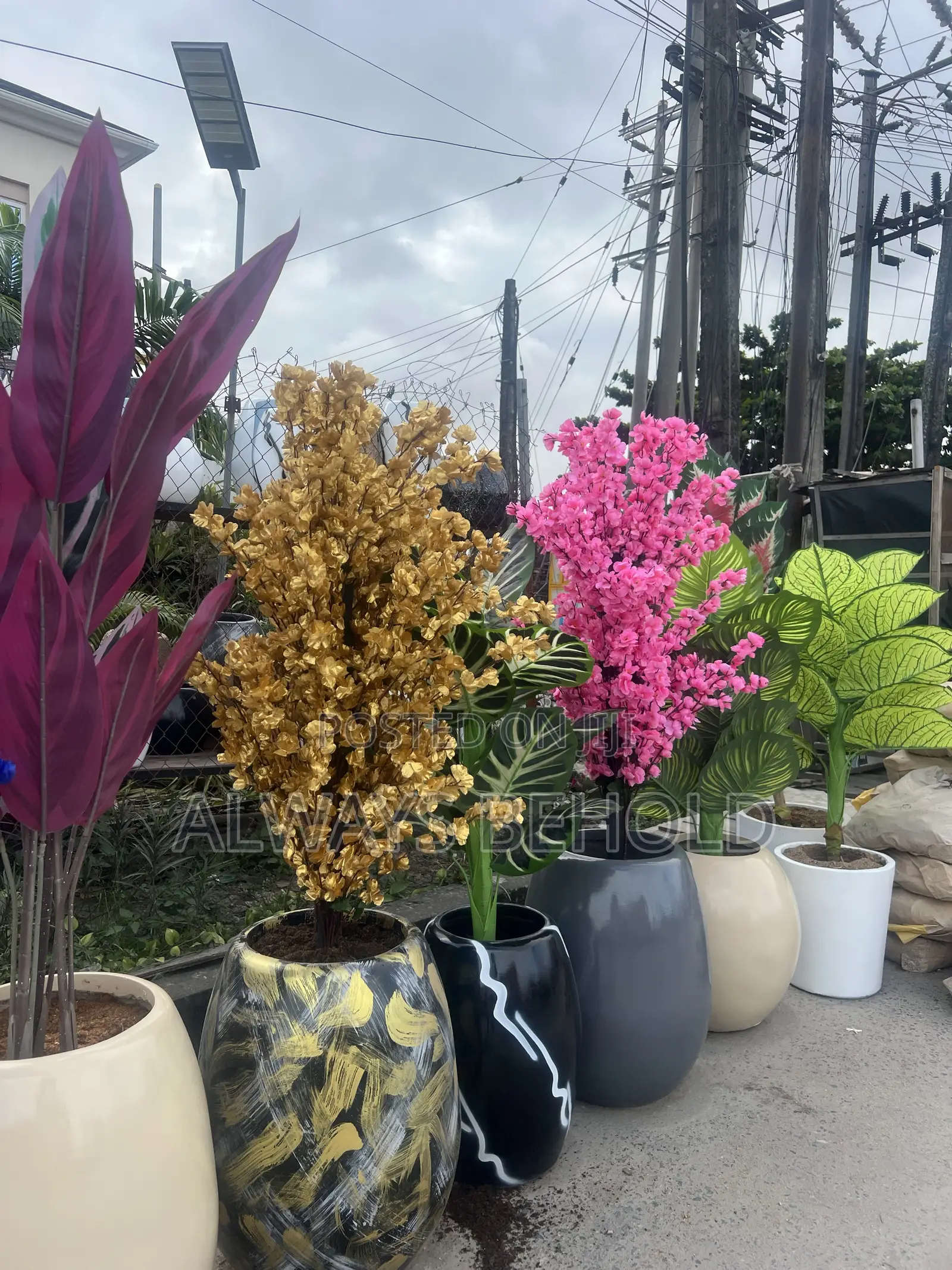 Gold Cherry Blossom Flowers and a Stripe Gold and Green Color Vase