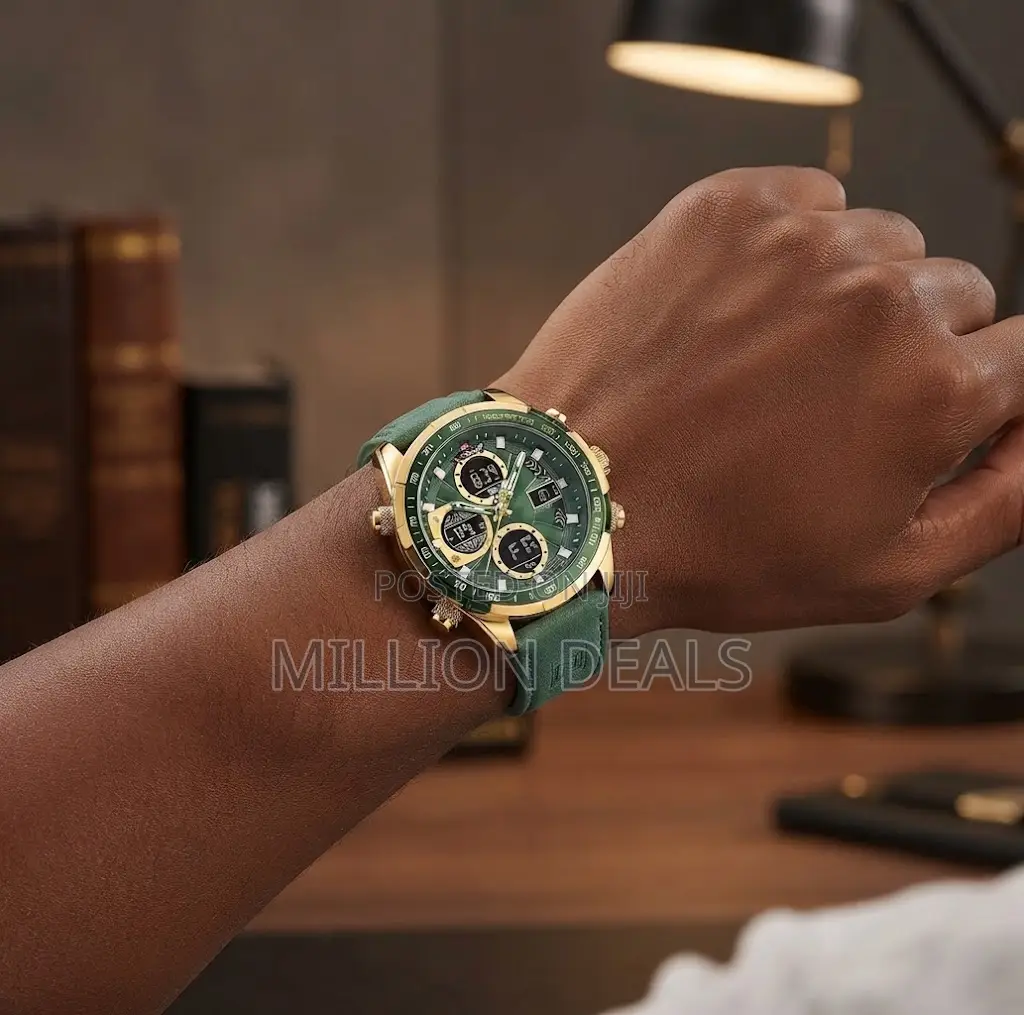 Men's Digital Analog Quartz Waterproof Leather Wristwatch