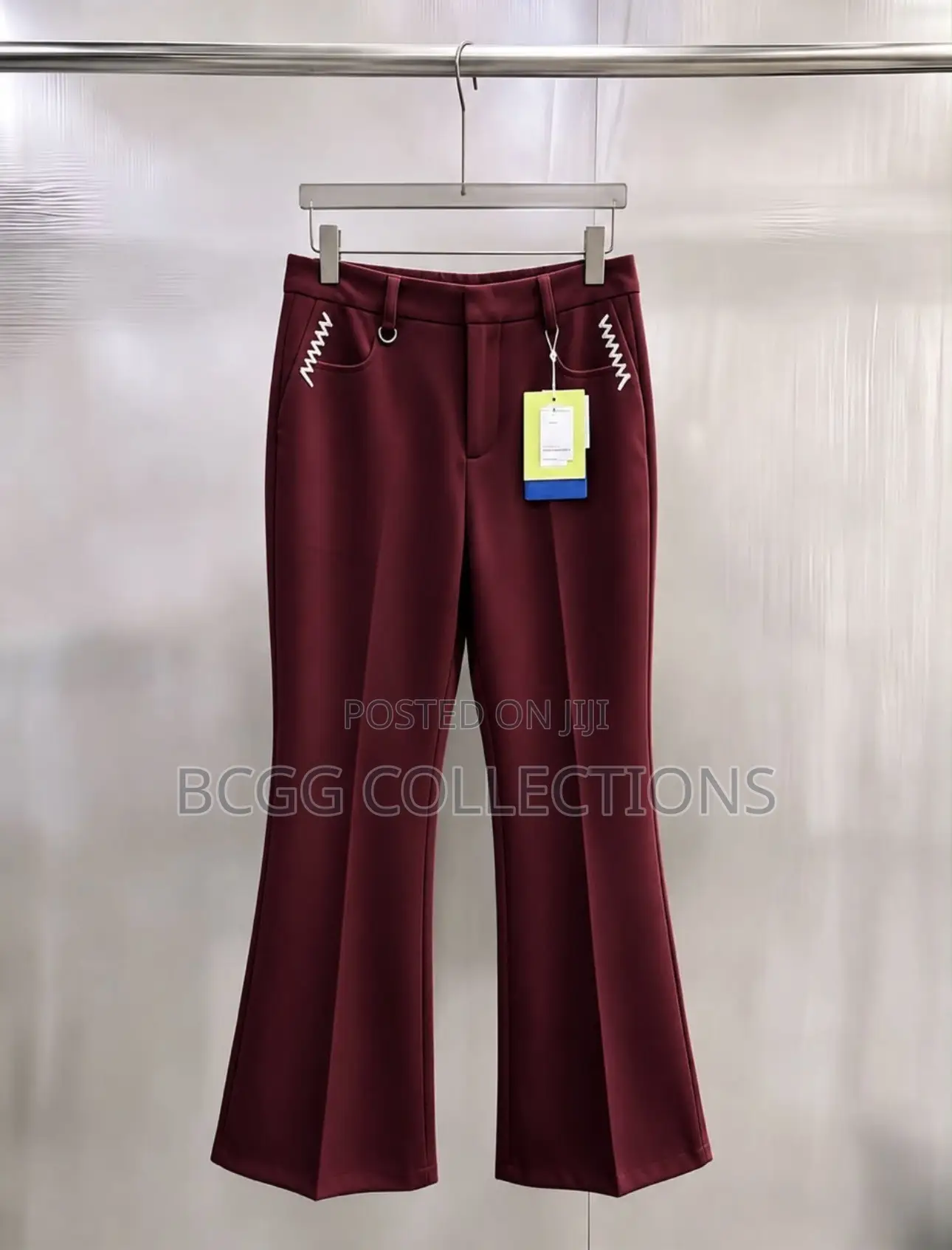 Designer Tailored Flare Trousers With Pocket Embroidery (Wine / White)