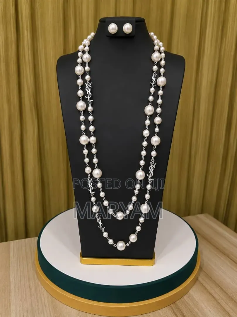 Layered Faux Pearl Long Chain Necklace Stud Earrings